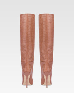 Spitz zulaufende, kniehohe Stiefel aus weichem Leder mit Kroko-Pragung in Texas Pink