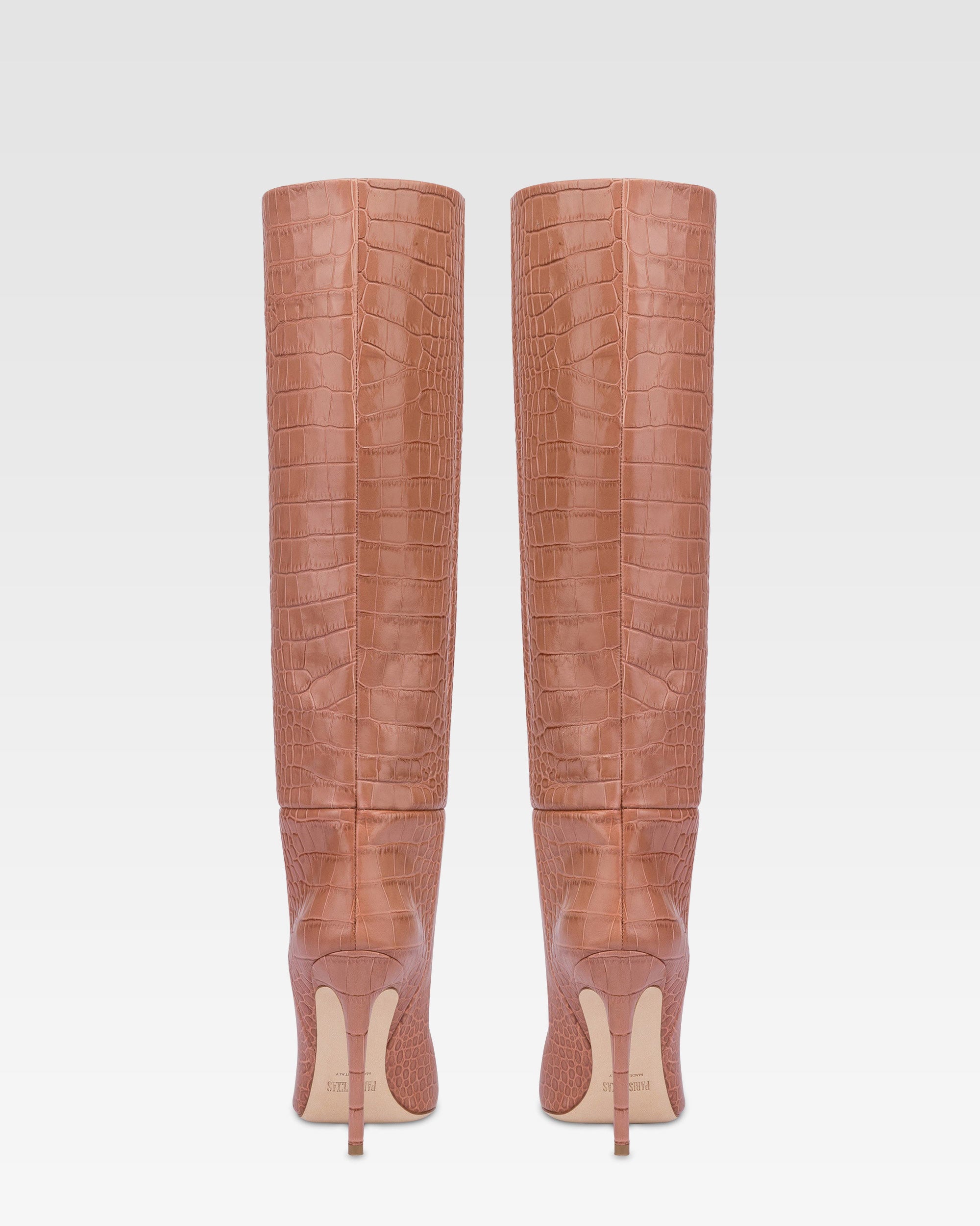 Botas hasta la rodillade punta fina en suave piel color rosa Texas efecto cocodrilo