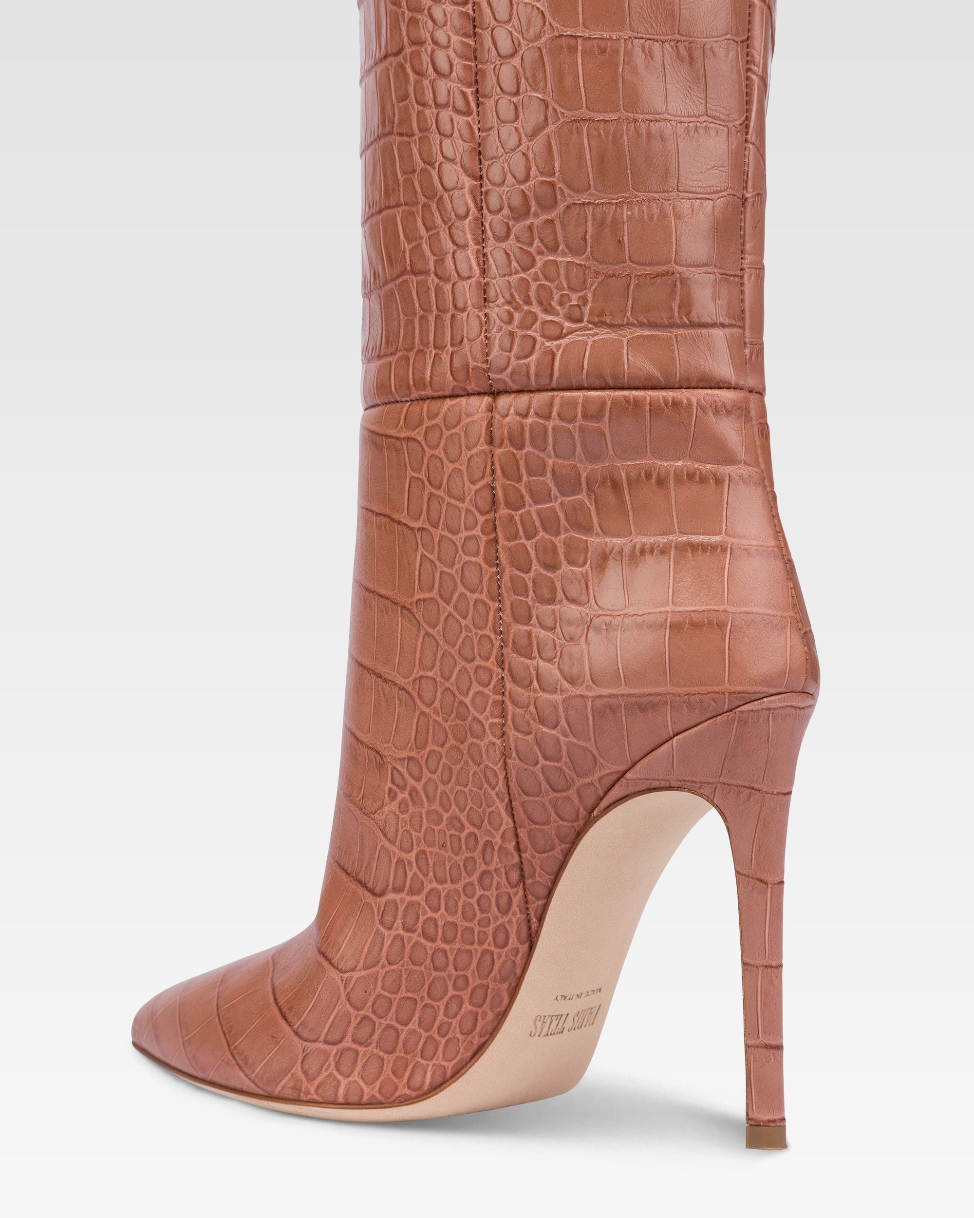 Botas hasta la rodillade punta fina en suave piel color rosa Texas efecto cocodrilo