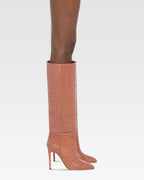 Spitz zulaufende, kniehohe Stiefel aus weichem Leder mit Kroko-Pragung in Texas Pink