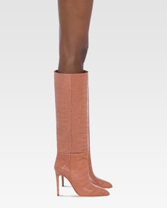 Spitz zulaufende, kniehohe Stiefel aus weichem Leder mit Kroko-Pragung in Texas Pink