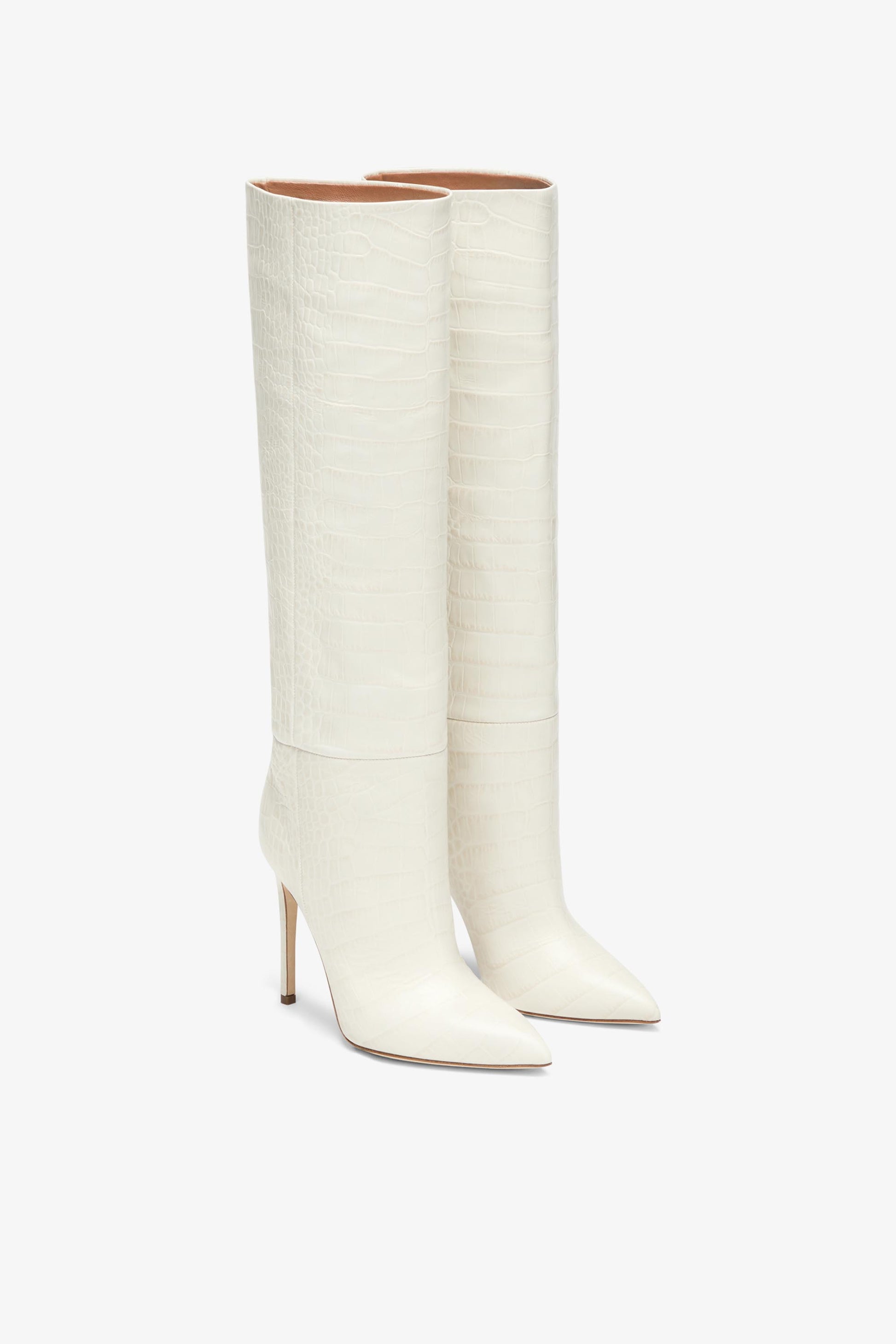 White croc-effect leather stiletto boots