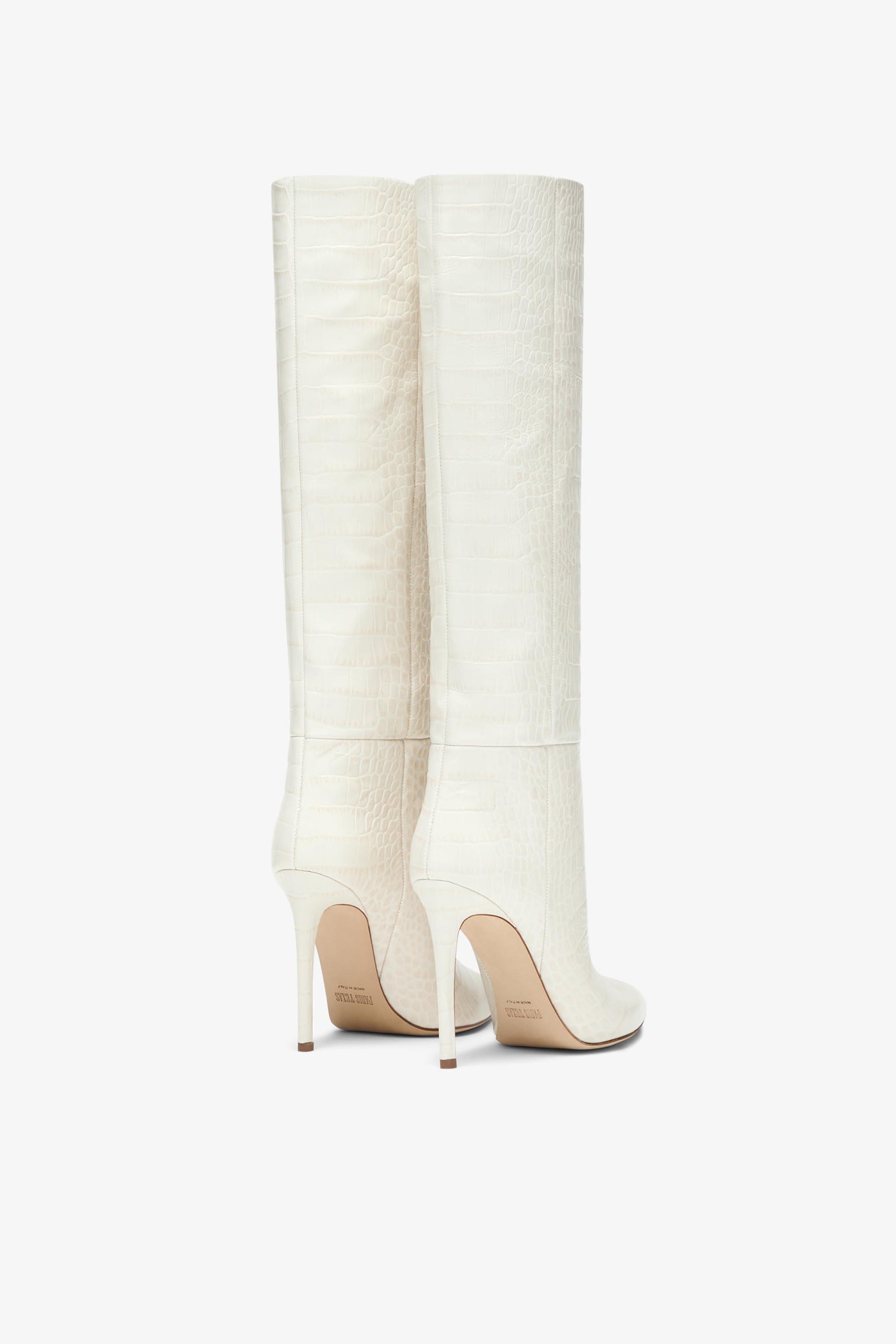 White croc-effect leather stiletto boots