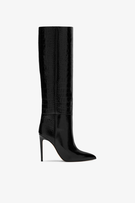 Black croc-effect leather stiletto boots