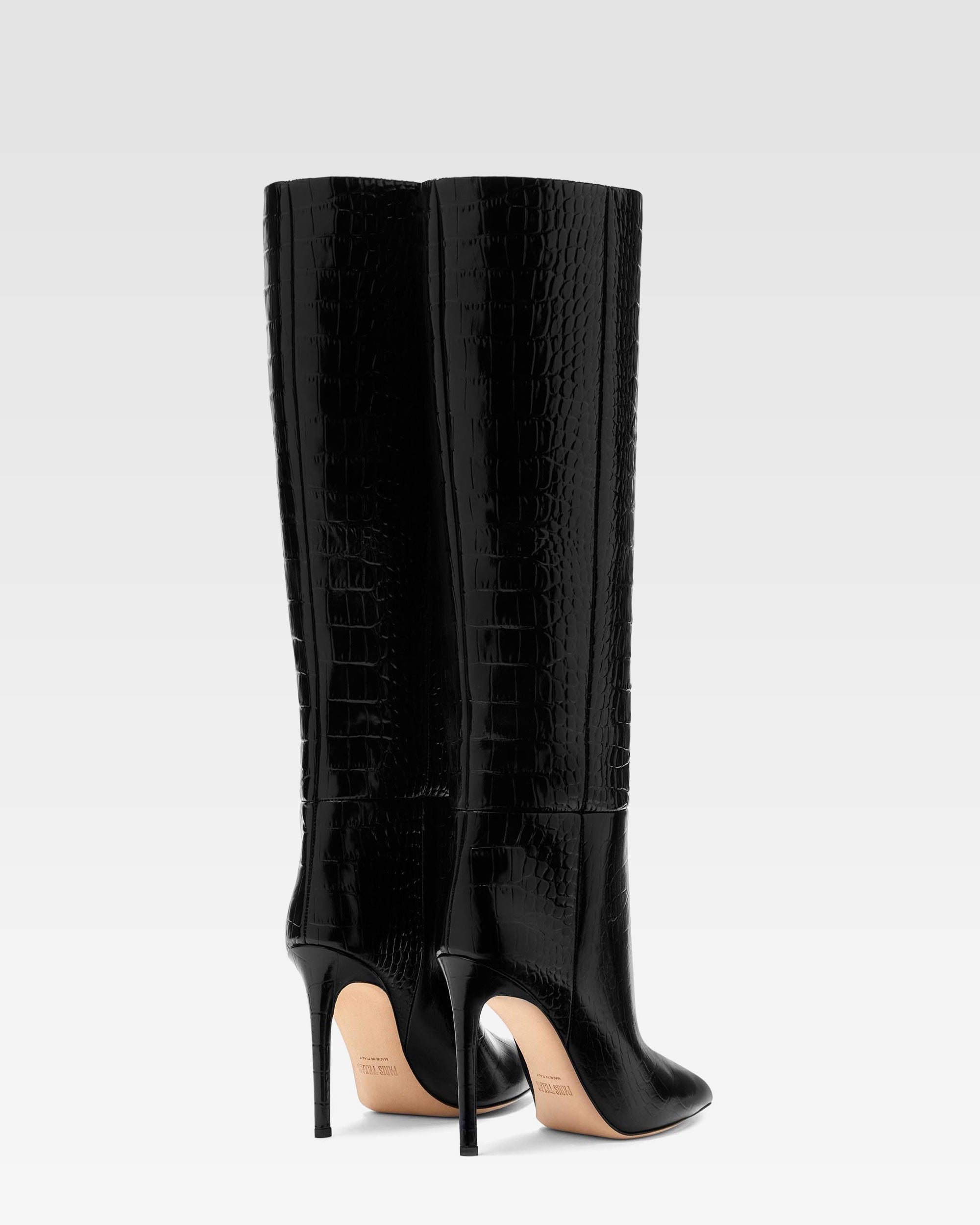 Stiletto-Stiefel aus schwarzem Leder in Kroko-Optik