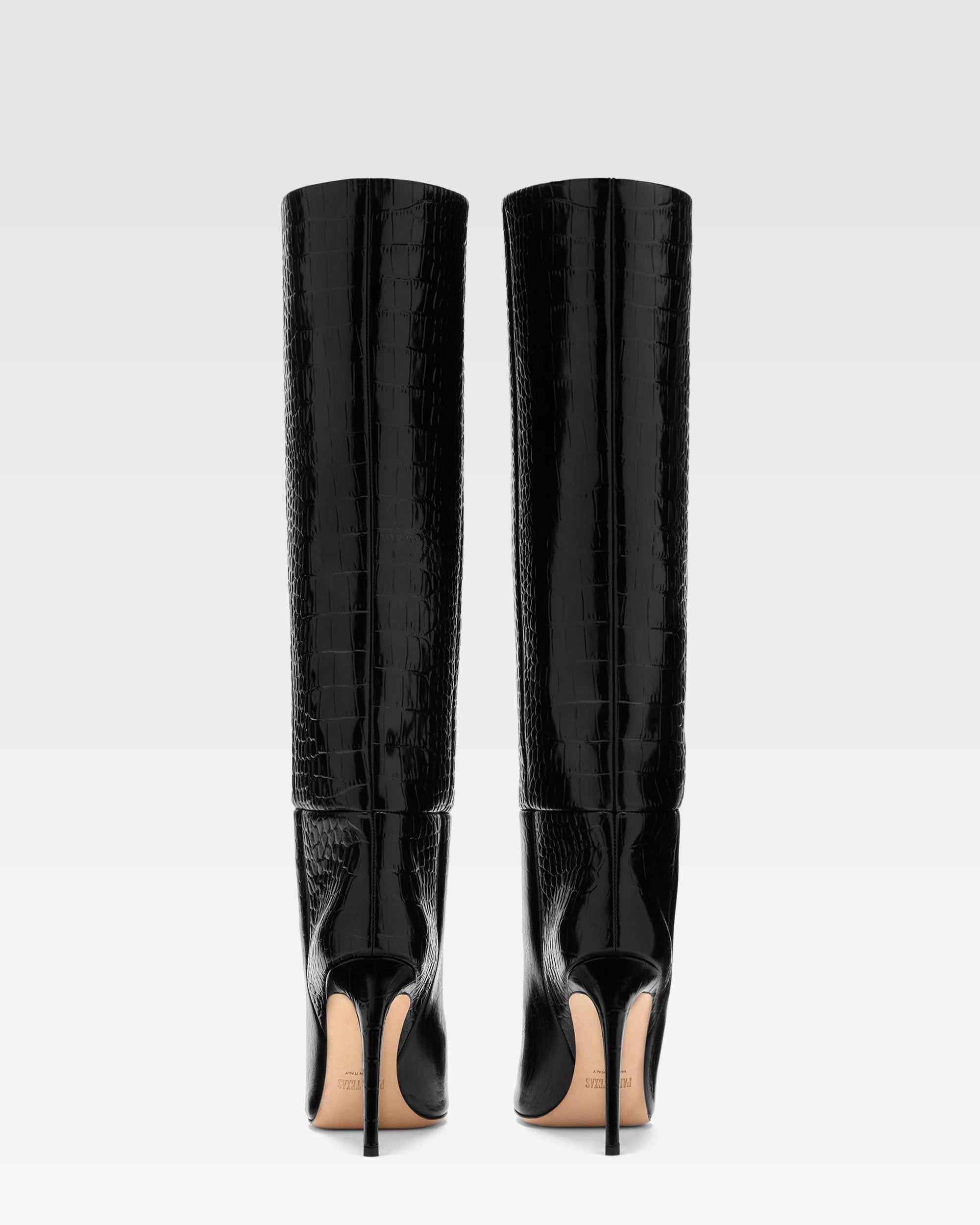 Stiletto-Stiefel aus schwarzem Leder in Kroko-Optik