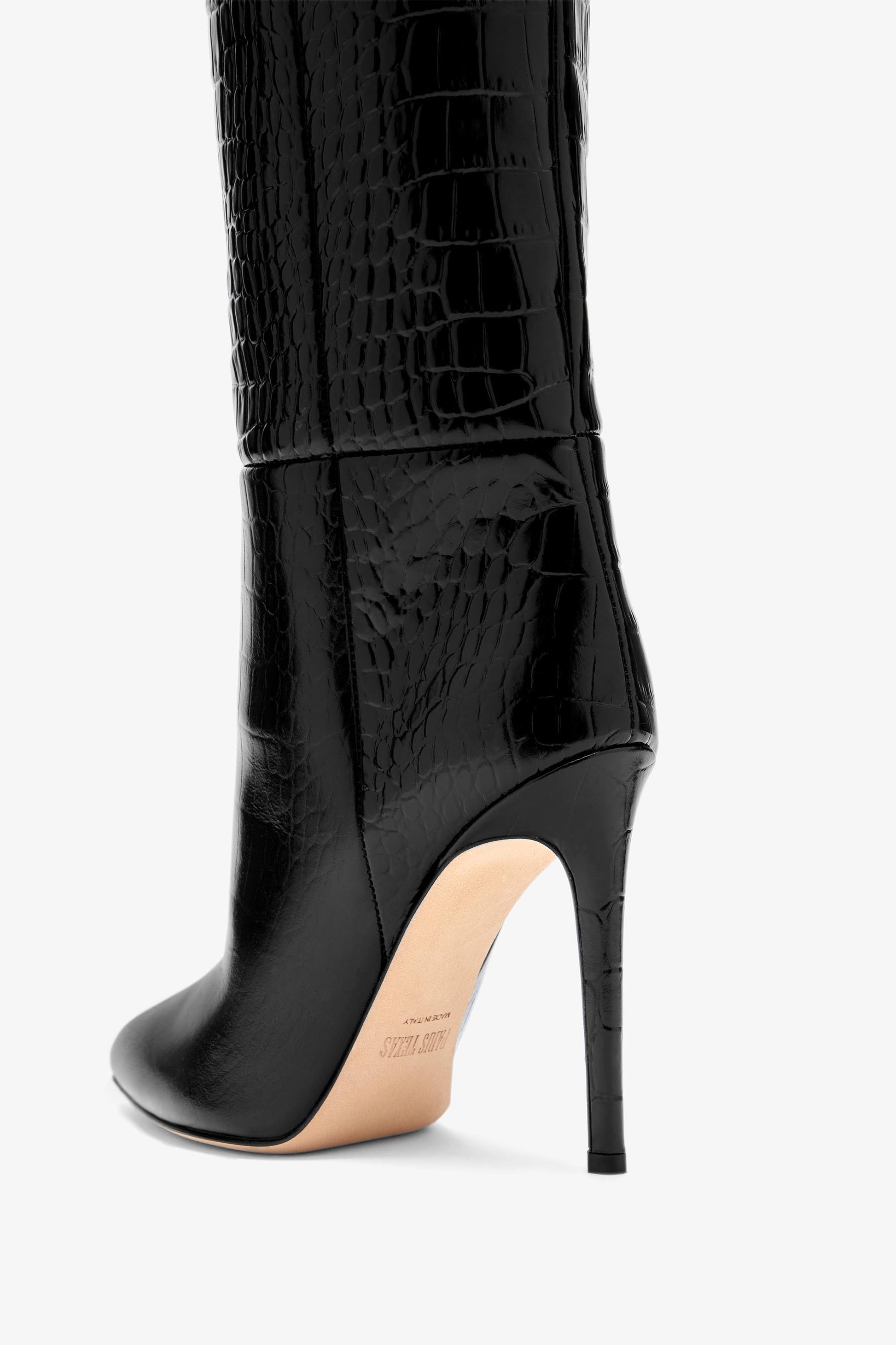 Black croc-effect leather stiletto boots