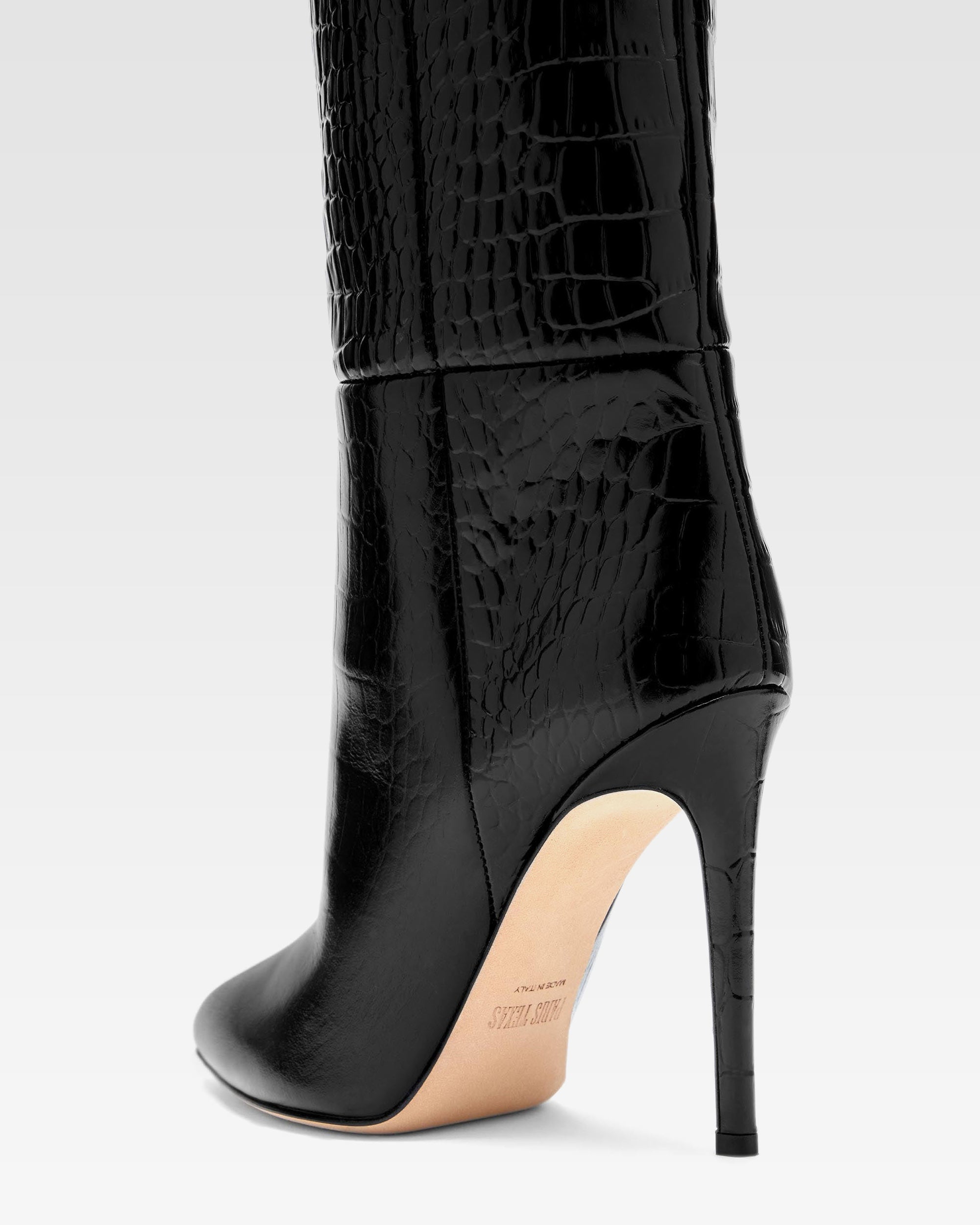 Stiletto-Stiefel aus schwarzem Leder in Kroko-Optik