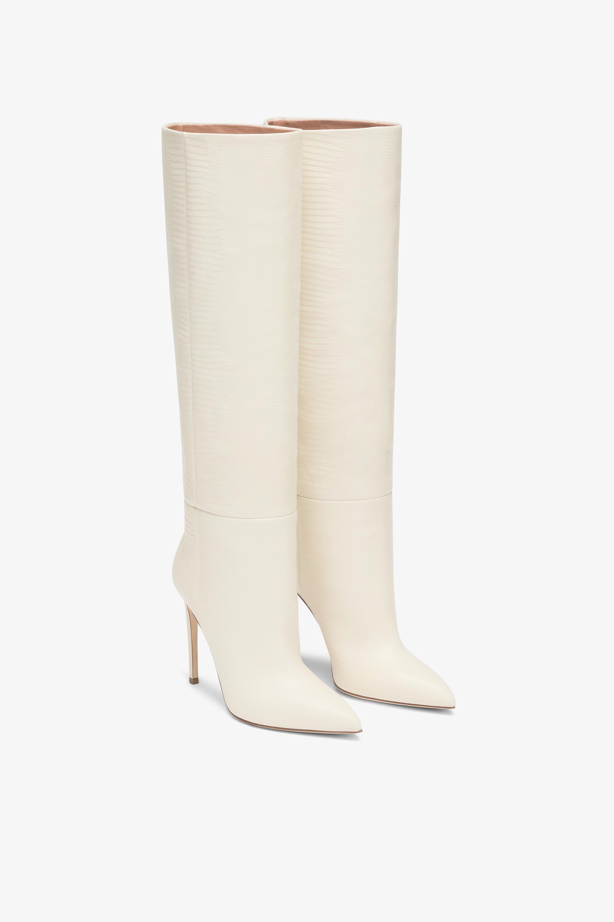 Vanilla white lizard-effect leather stiletto boots