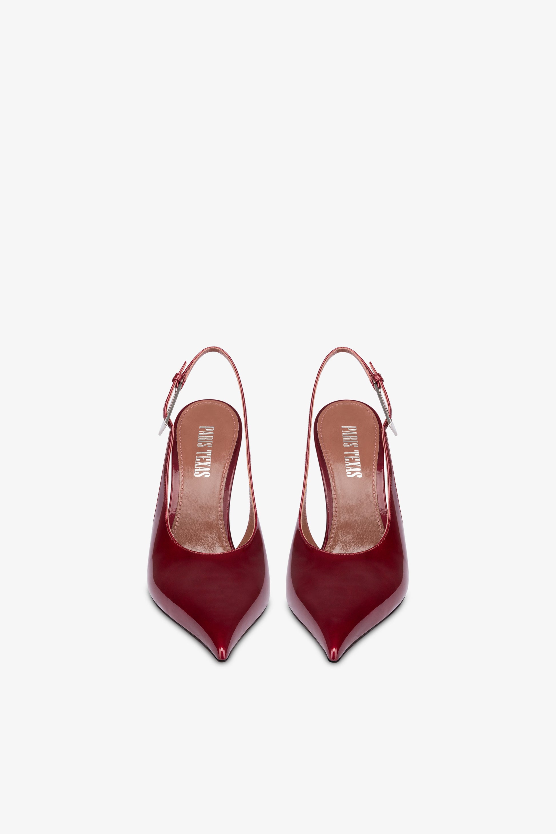 Sharp, pointed slingback pumps in patent pinot noir glossy leather