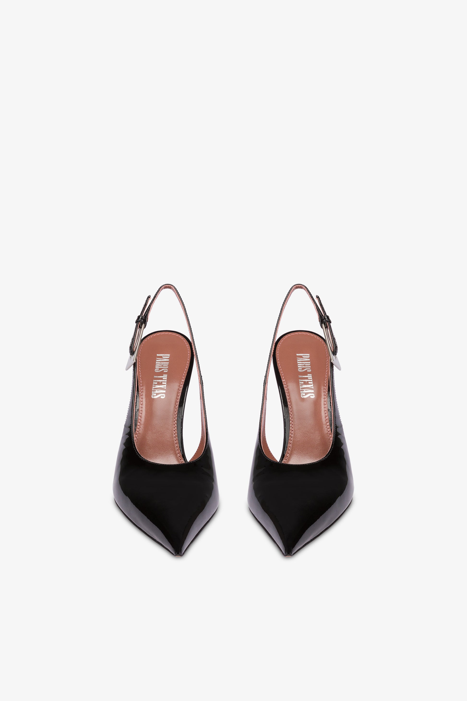 Scharfkantige, spitz zulaufende Slingback-Pumps aus schwarzem Lackleder