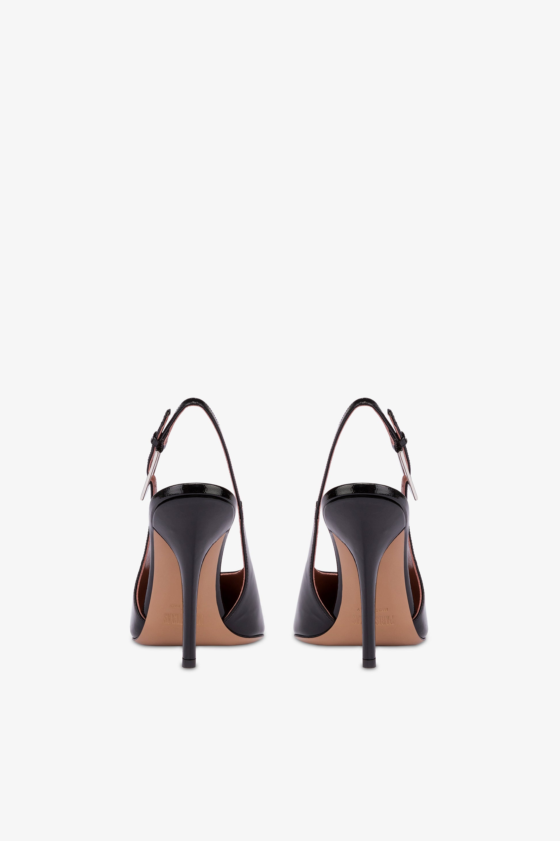 Sharp, pointed slingback pumps in patent black leather