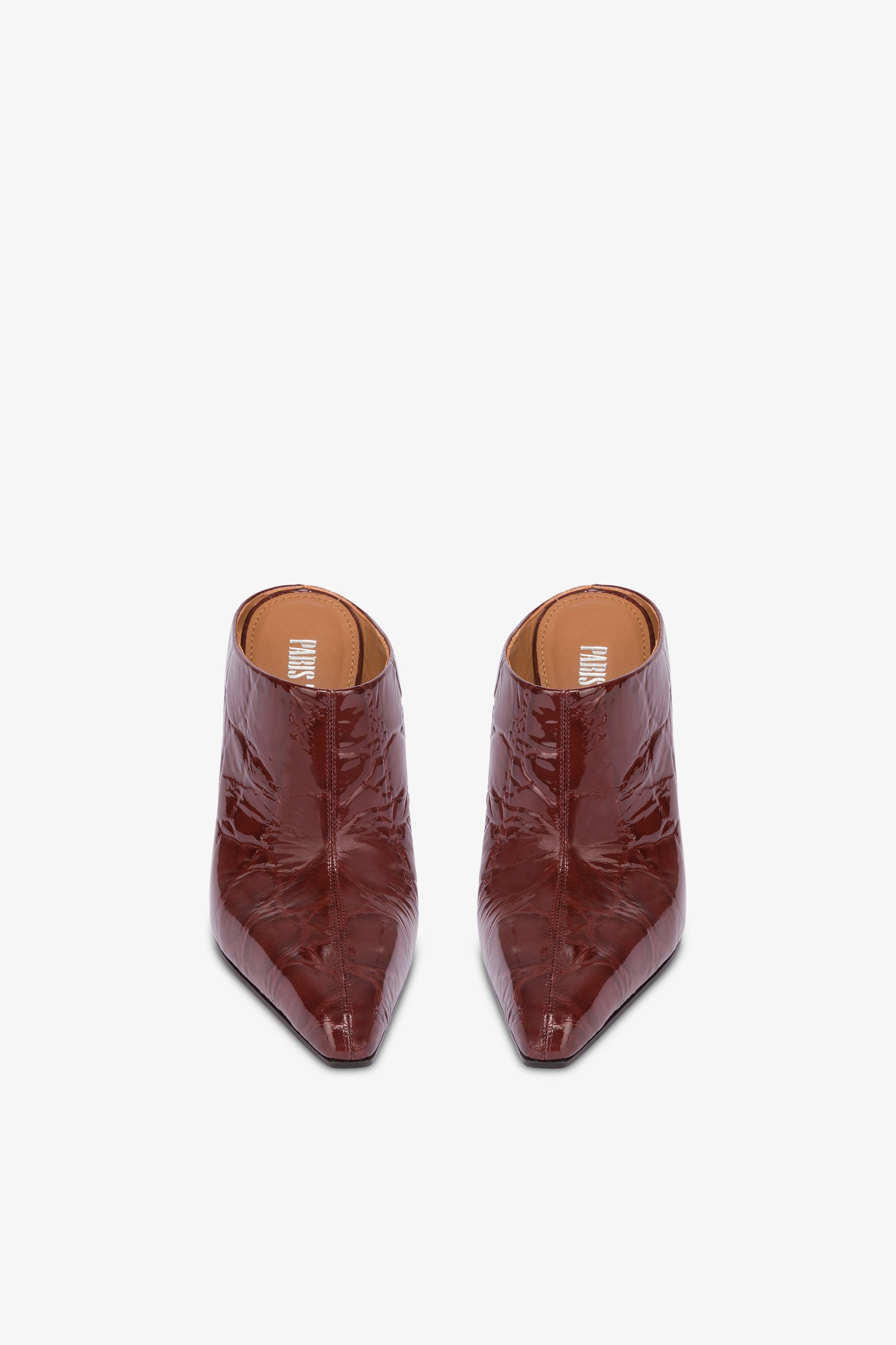 Pointed mule boots in patent choco croco-embossed leather