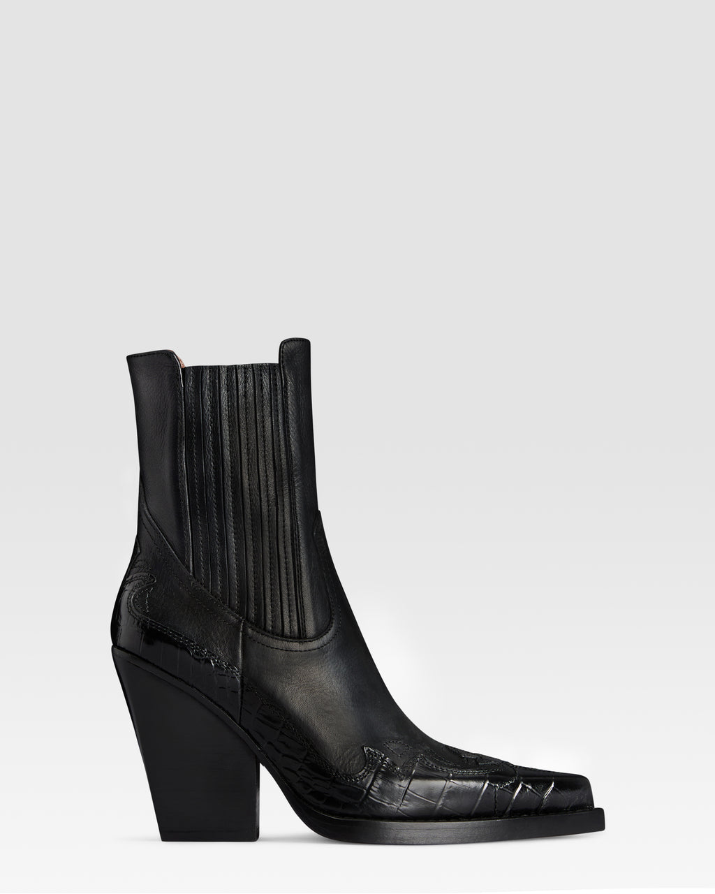 WESTERN ANKLE BOOT AUS LEDER MIT KROKO-PRINT-STICKEREI