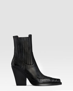 WESTERN ANKLE BOOT AUS LEDER MIT KROKO-PRINT-STICKEREI