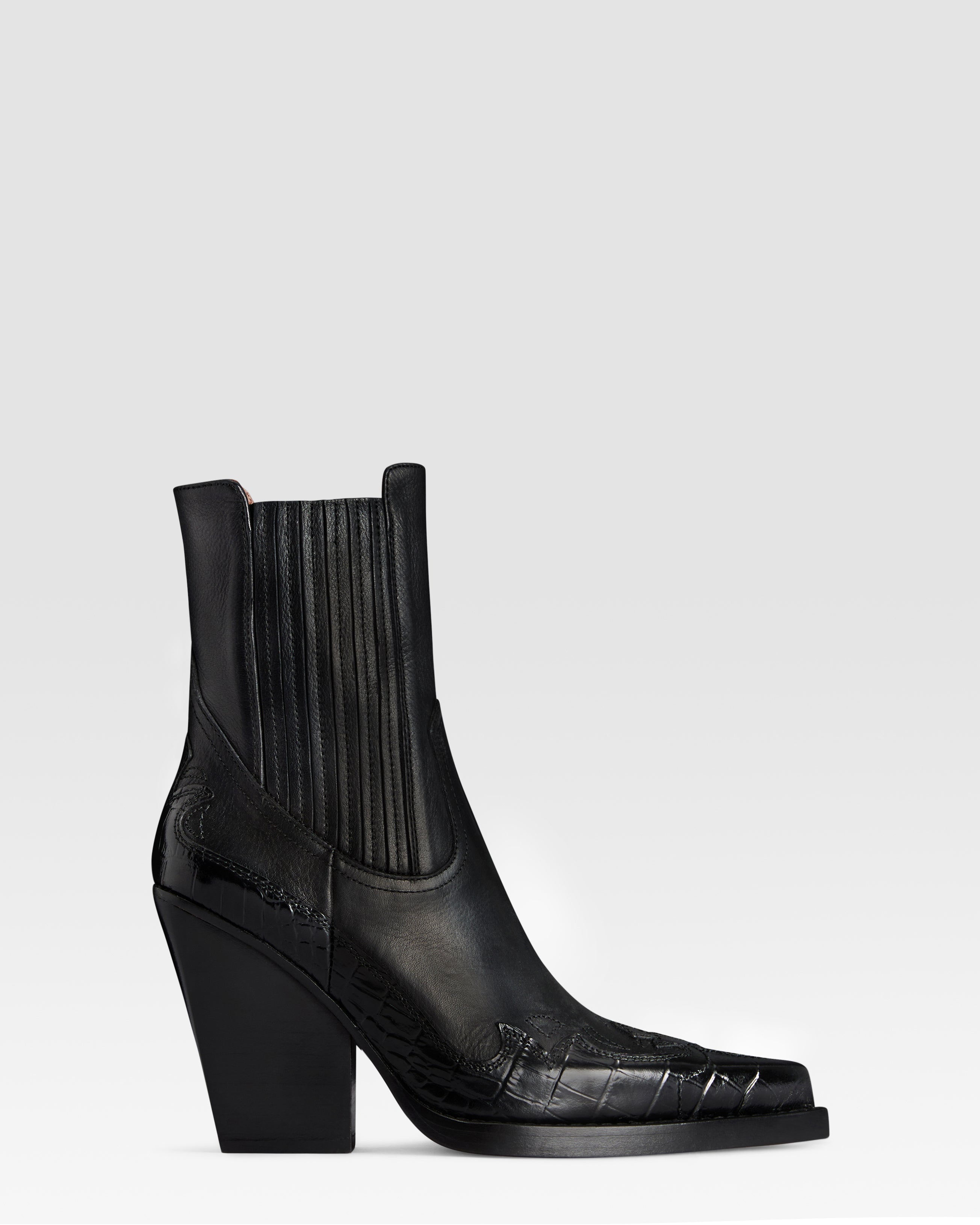 WESTERN ANKLE BOOT AUS LEDER MIT KROKO-PRINT-STICKEREI