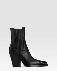 WESTERN ANKLE BOOT AUS LEDER MIT KROKO-PRINT-STICKEREI — CARBONE