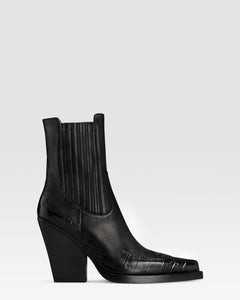 LEATHER WESTERN ANKLE BOOT WITH CROCO-PRINT EMBROIDERY