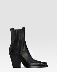 WESTERN ANKLE BOOT AUS LEDER MIT KROKO-PRINT-STICKEREI — CARBONE