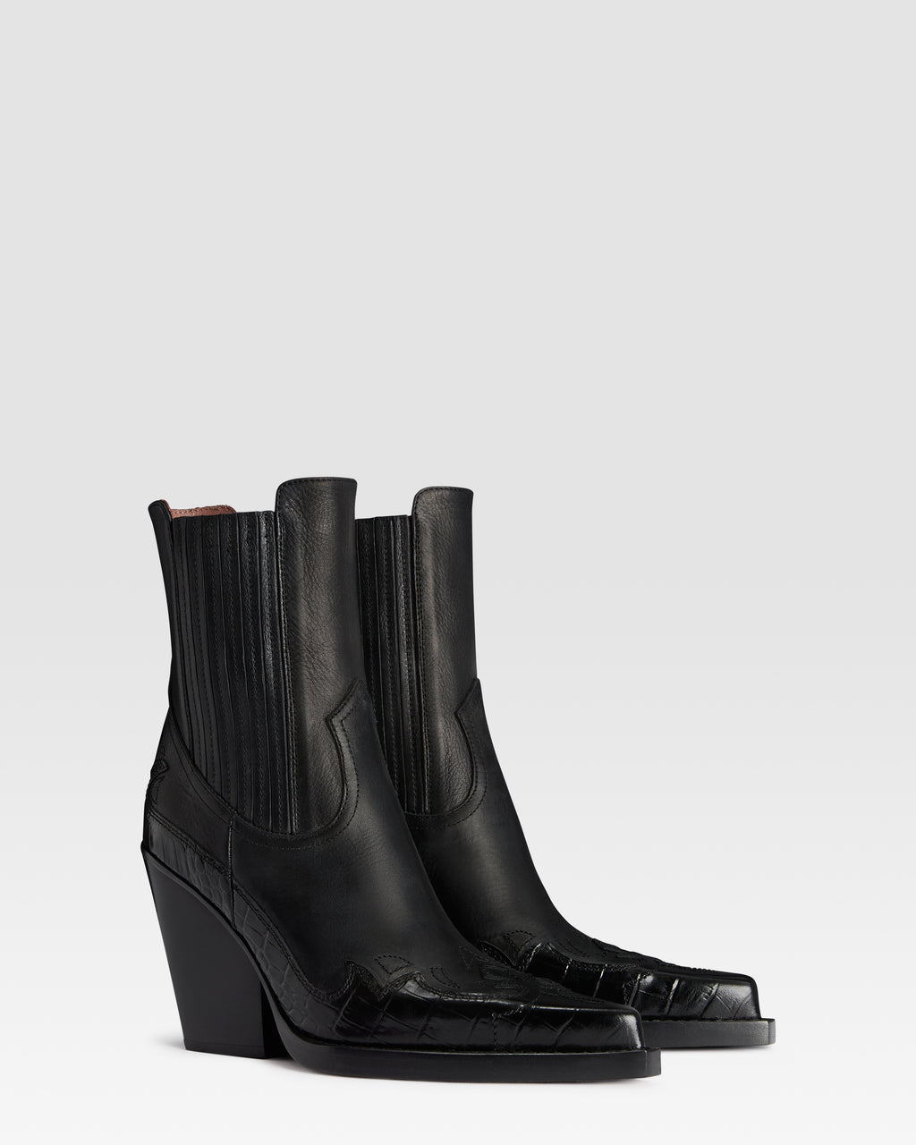 WESTERN ANKLE BOOT AUS LEDER MIT KROKO-PRINT-STICKEREI
