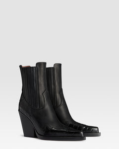 WESTERN ANKLE BOOT AUS LEDER MIT KROKO-PRINT-STICKEREI