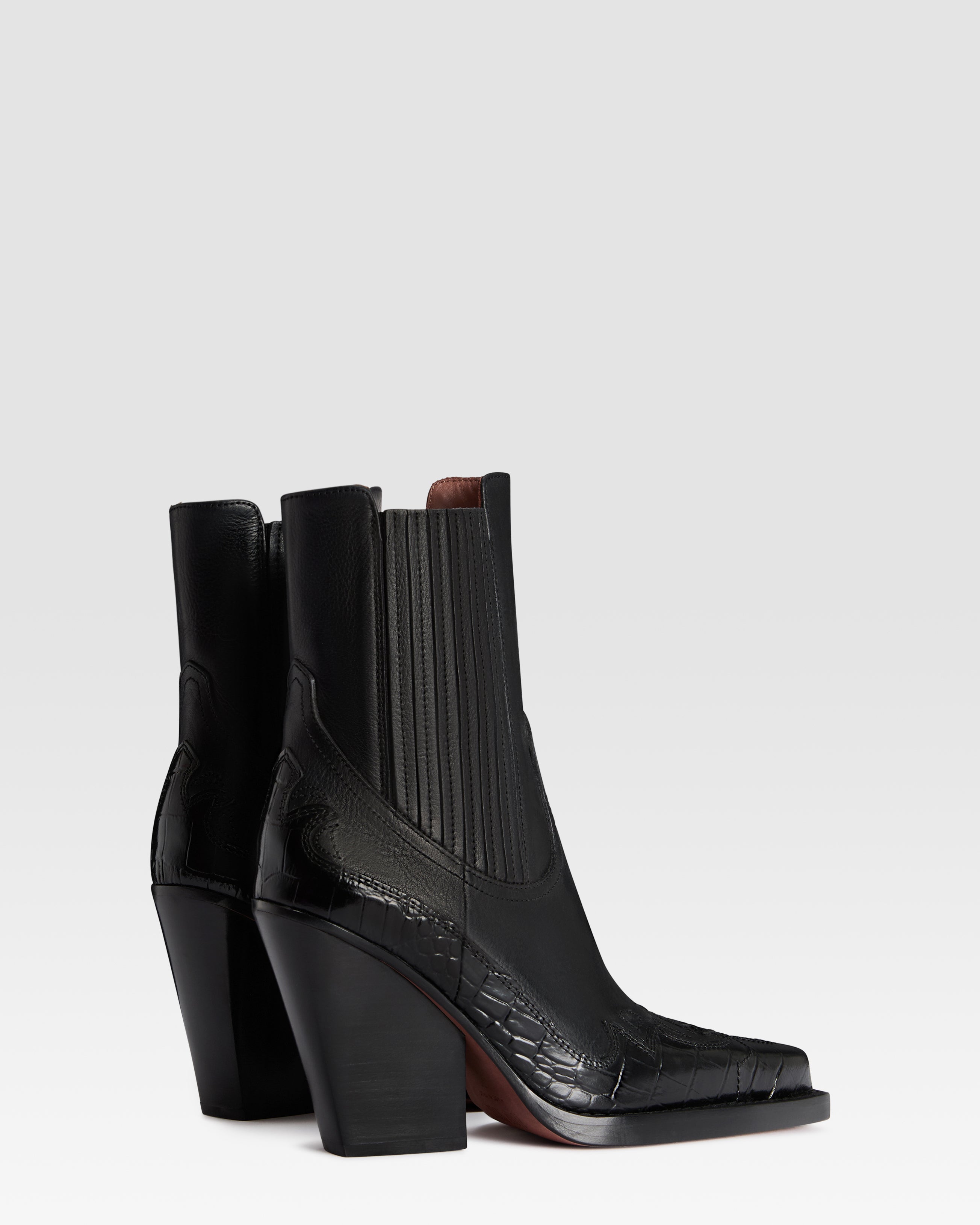 WESTERN ANKLE BOOT AUS LEDER MIT KROKO-PRINT-STICKEREI