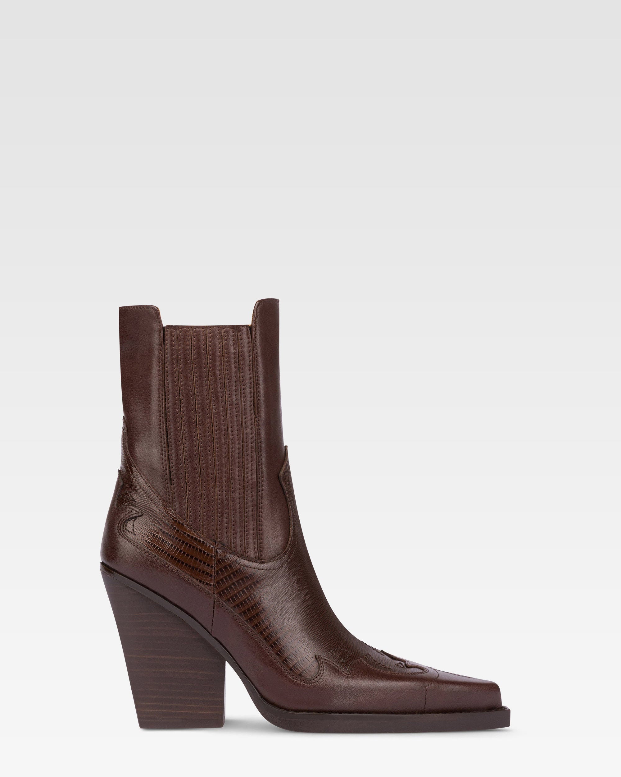 Bottines pointues en cuir imprime lezard chocolat et moka