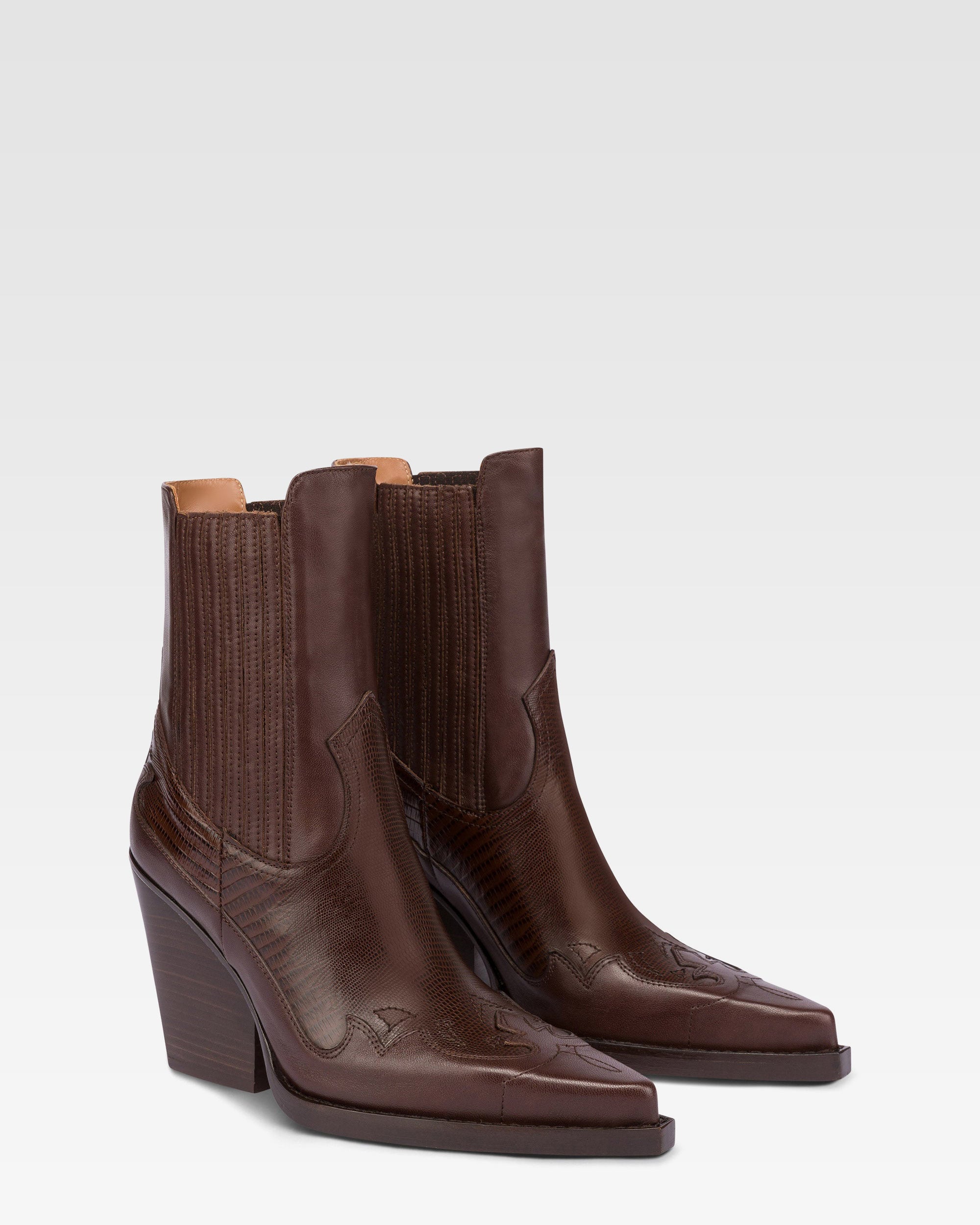 Bottines pointues en cuir imprime lezard chocolat et moka