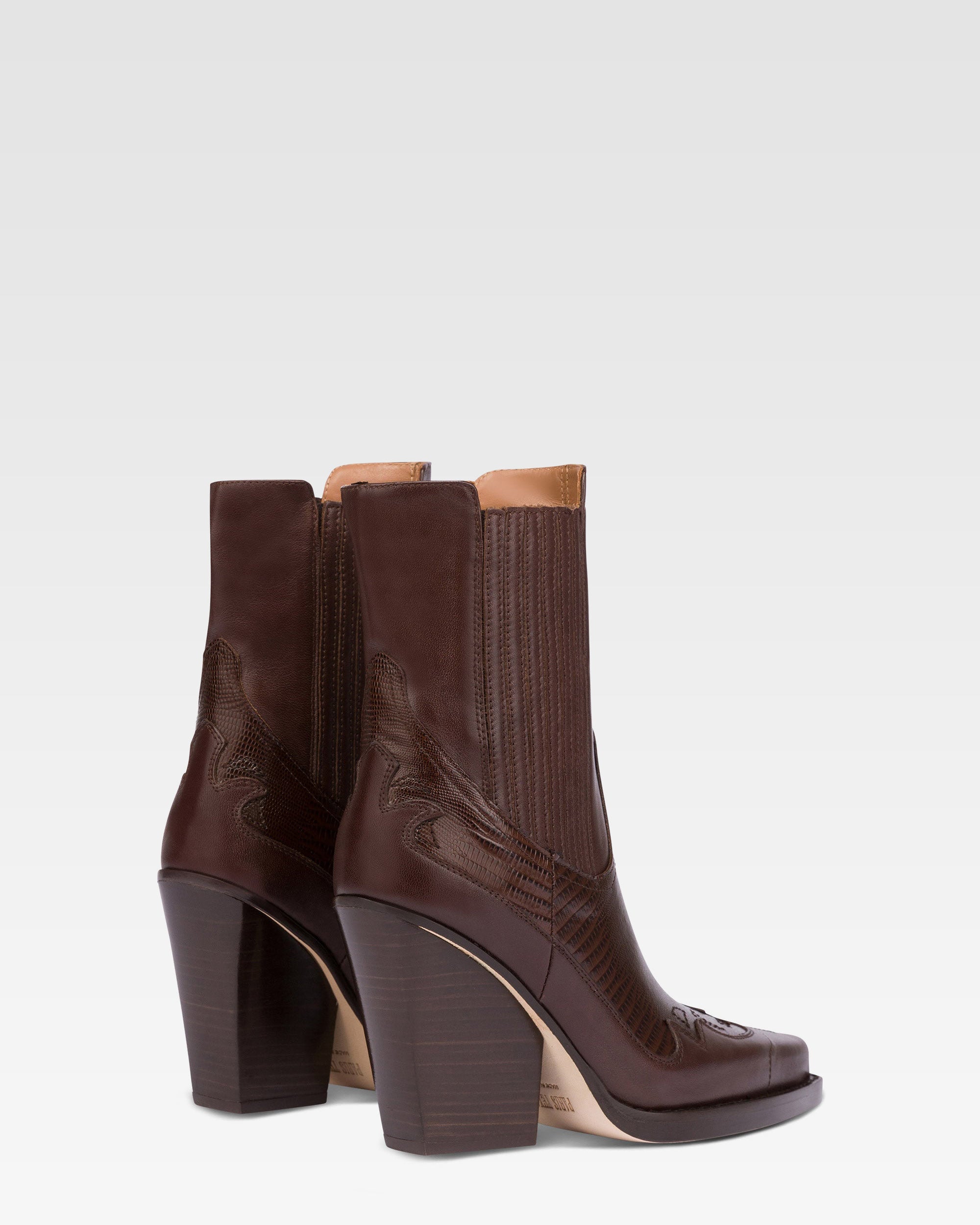 Bottines pointues en cuir imprime lezard chocolat et moka