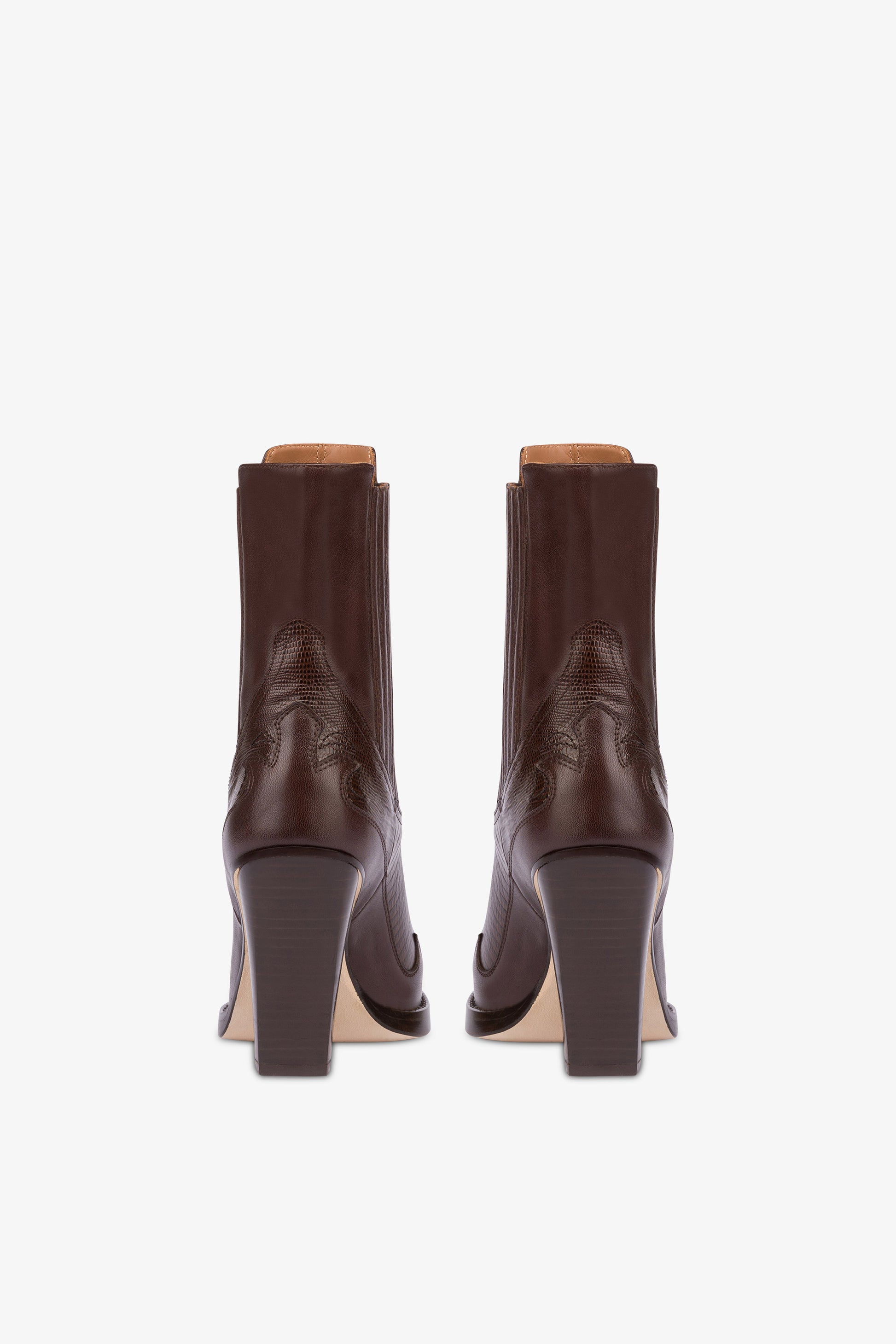 Pointed ankle boots in chocolate and mocha lizard-printed leather