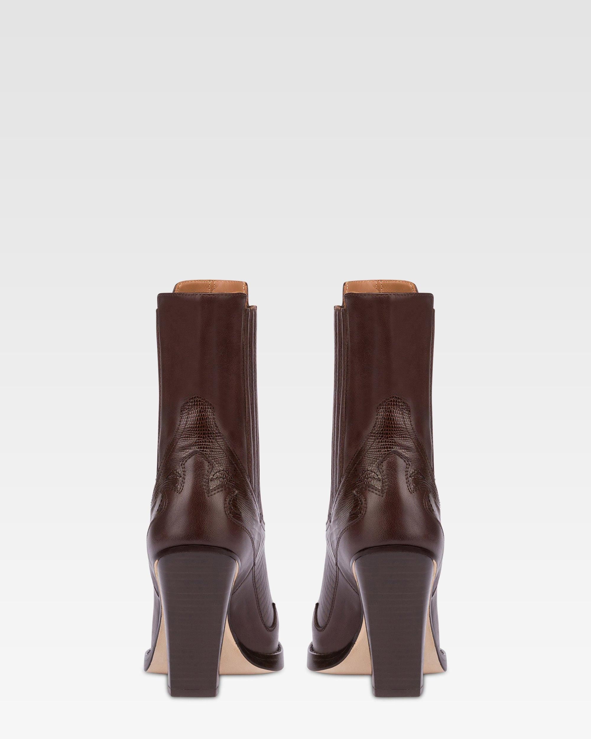 Bottines pointues en cuir imprime lezard chocolat et moka