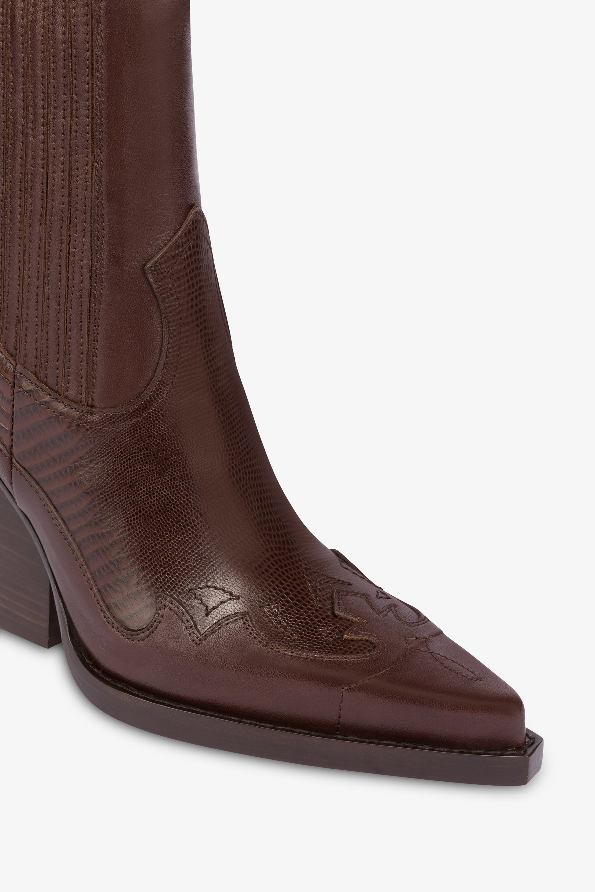 Pointed ankle boots in chocolate and mocha lizard-printed leather