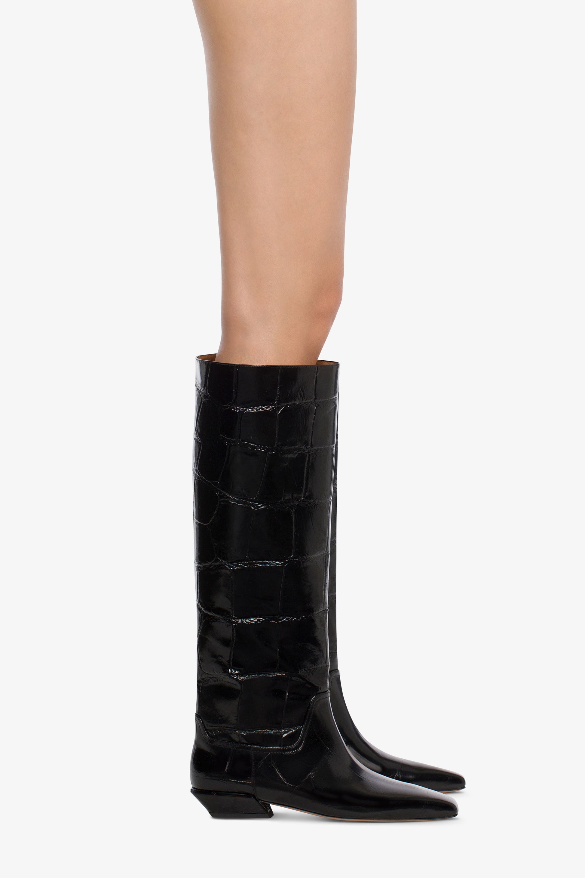 Knee-high boots in black maxi croco-embossed leather - Product worn