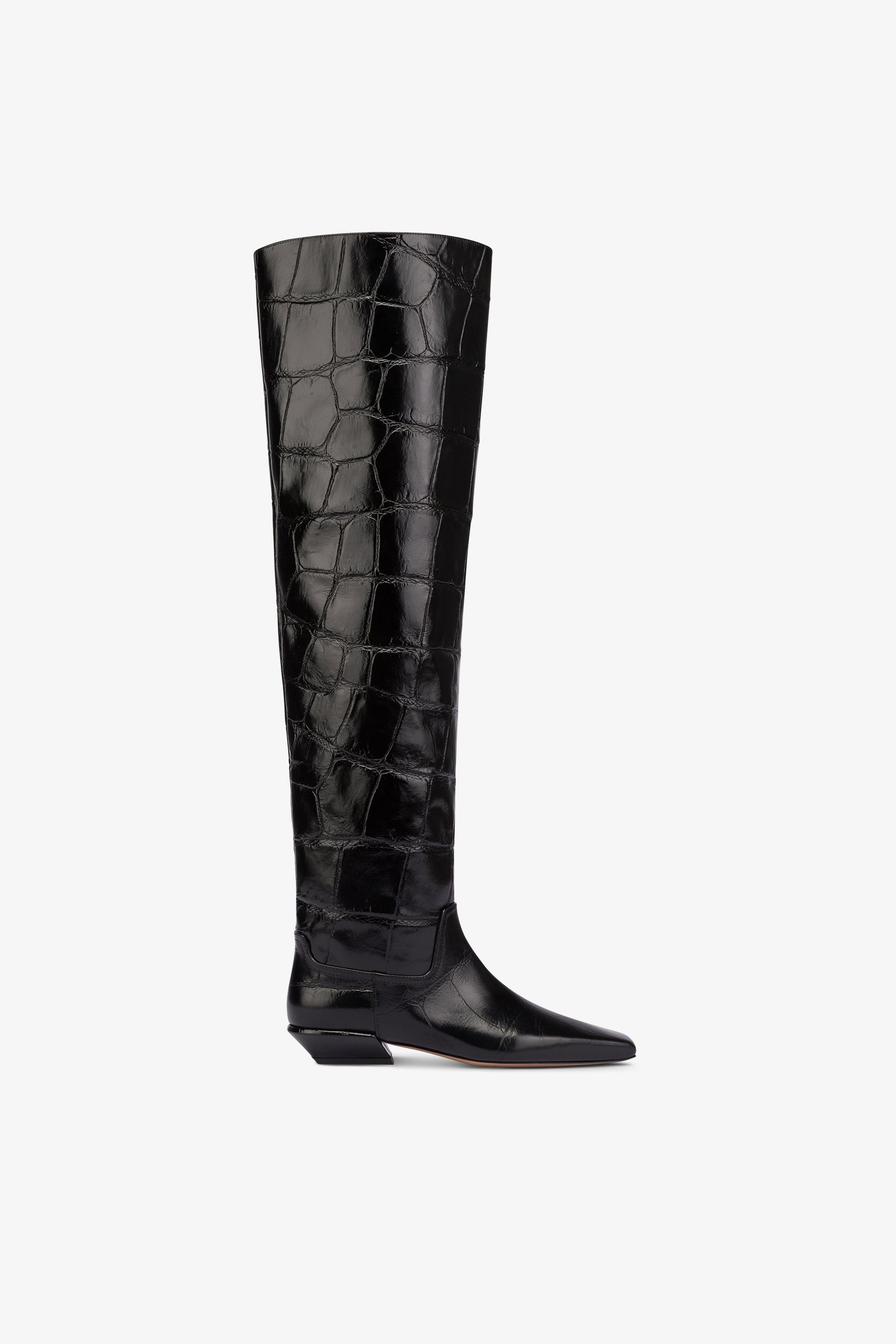 Over-the-knee boots in black croco-embossed leather