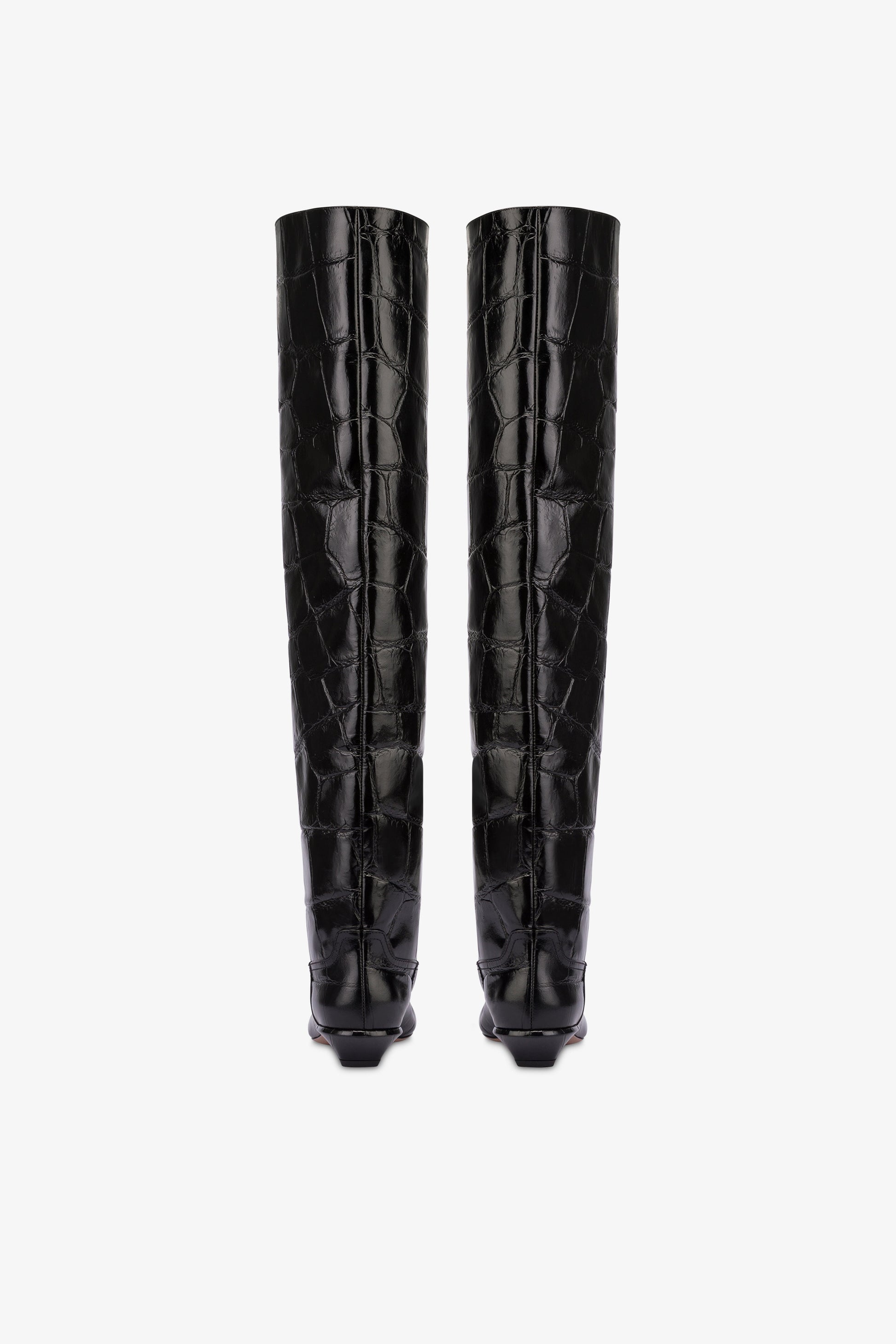 Over-the-knee boots in black croco-embossed leather