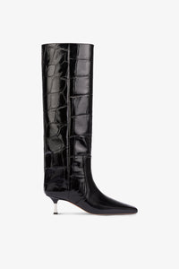 Knee-high boots in black croco-embossed leather