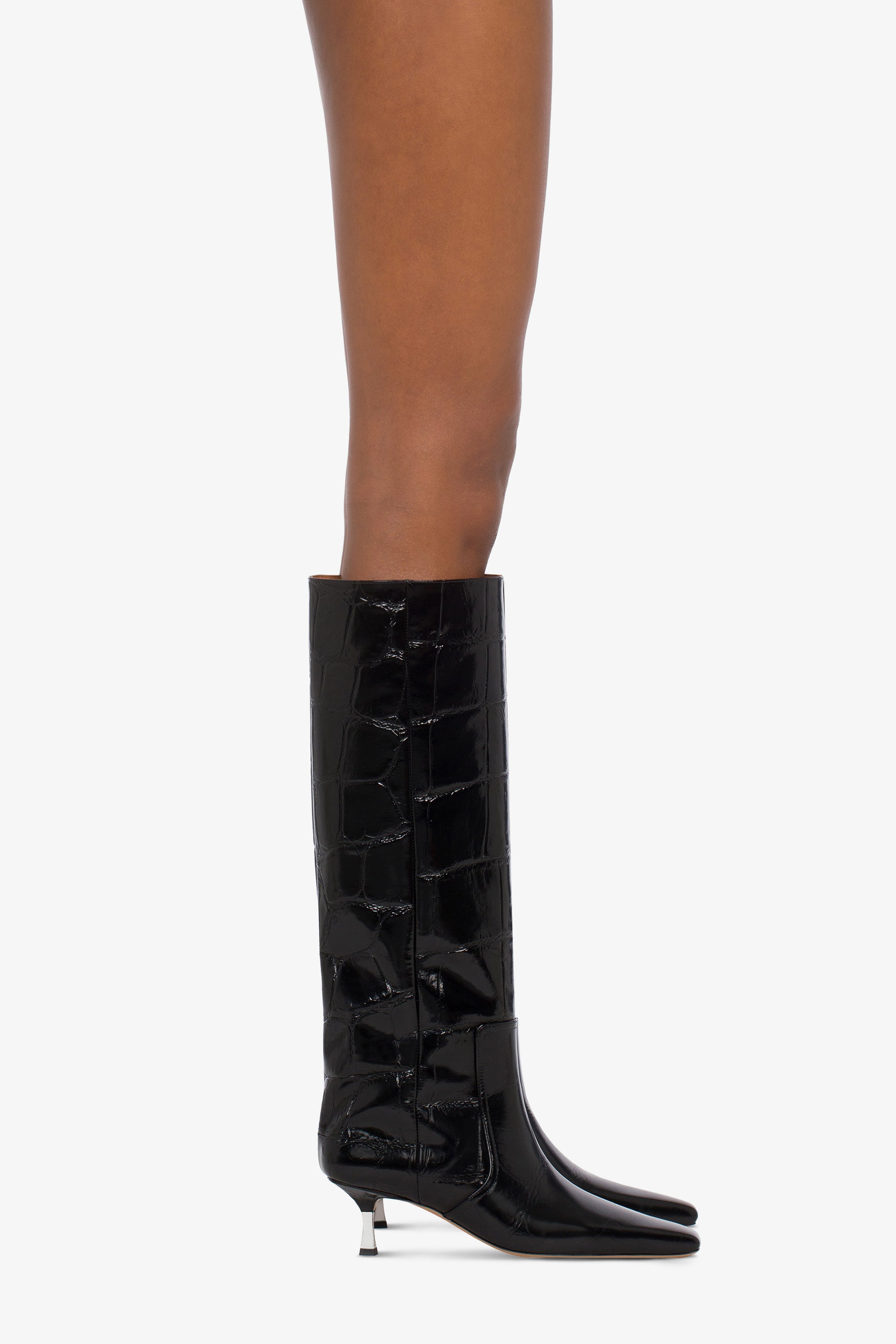 Knee-high boots in black croco-embossed leather - Product worn