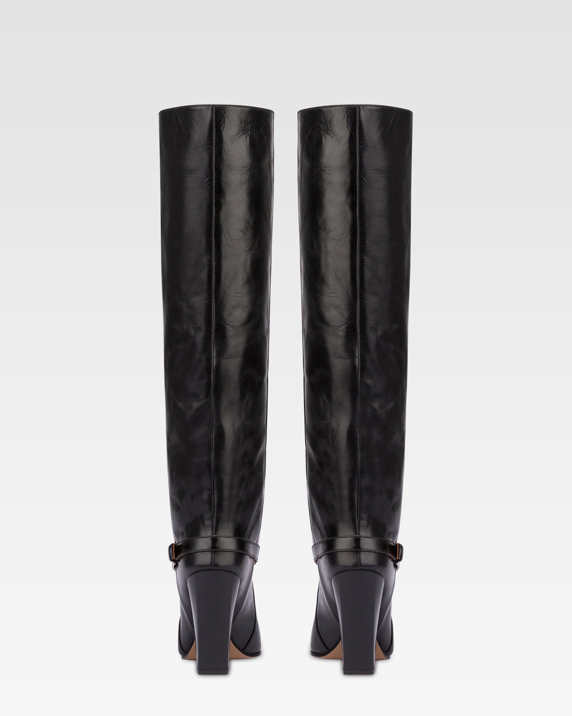 Bottes hautes a hauteur du genou en cuir vintage noir brillant