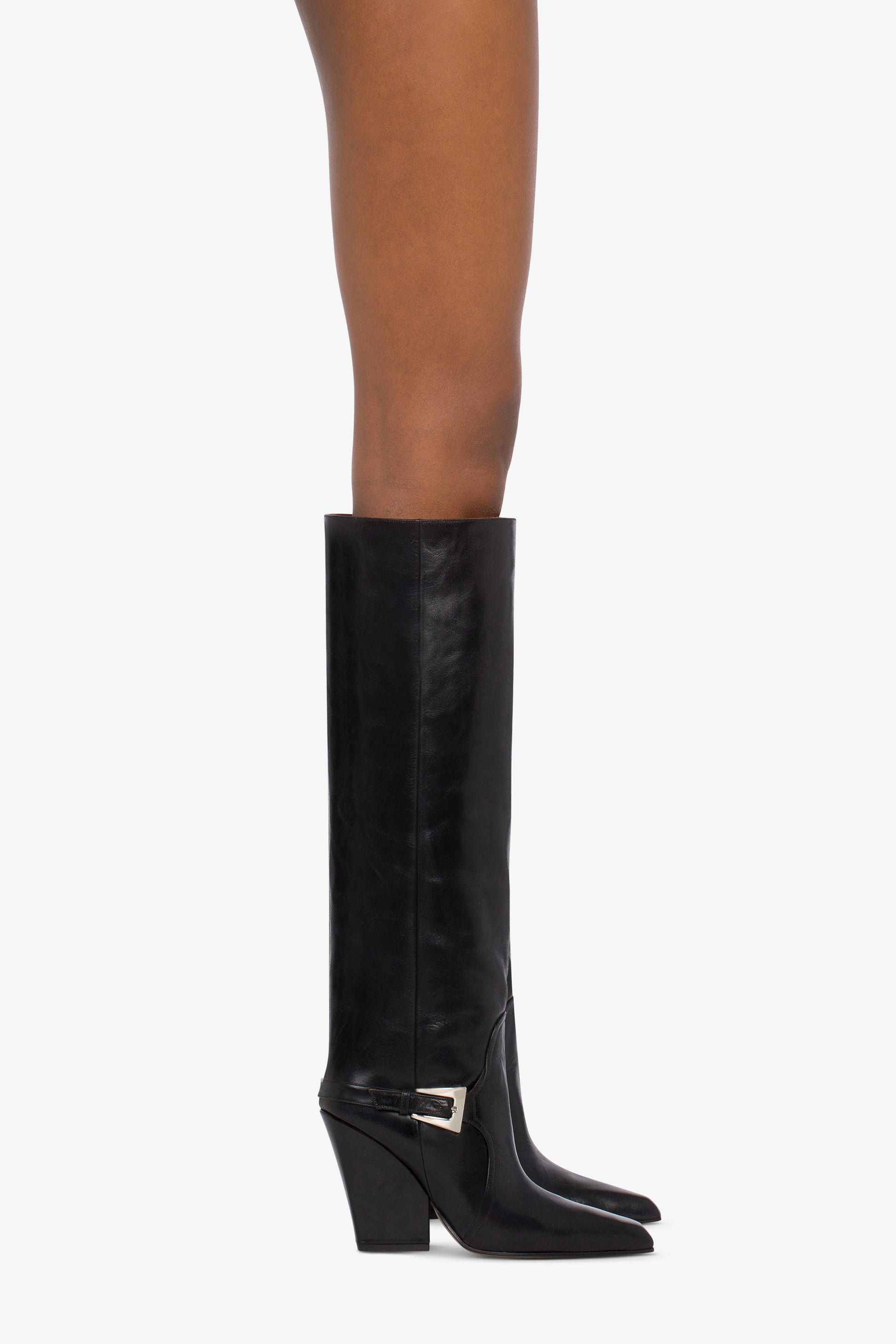 Tall, knee-high boots in shiny black vintage leather - Product worn