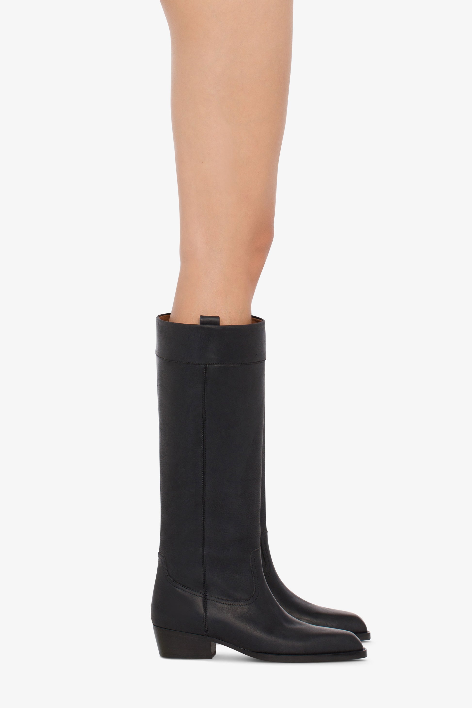Calf-length boots in soft black pebble leather - Product worn