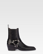 Spitz zulaufende Stiefeletten aus glanzendem, schwarzem Vintage-Leder