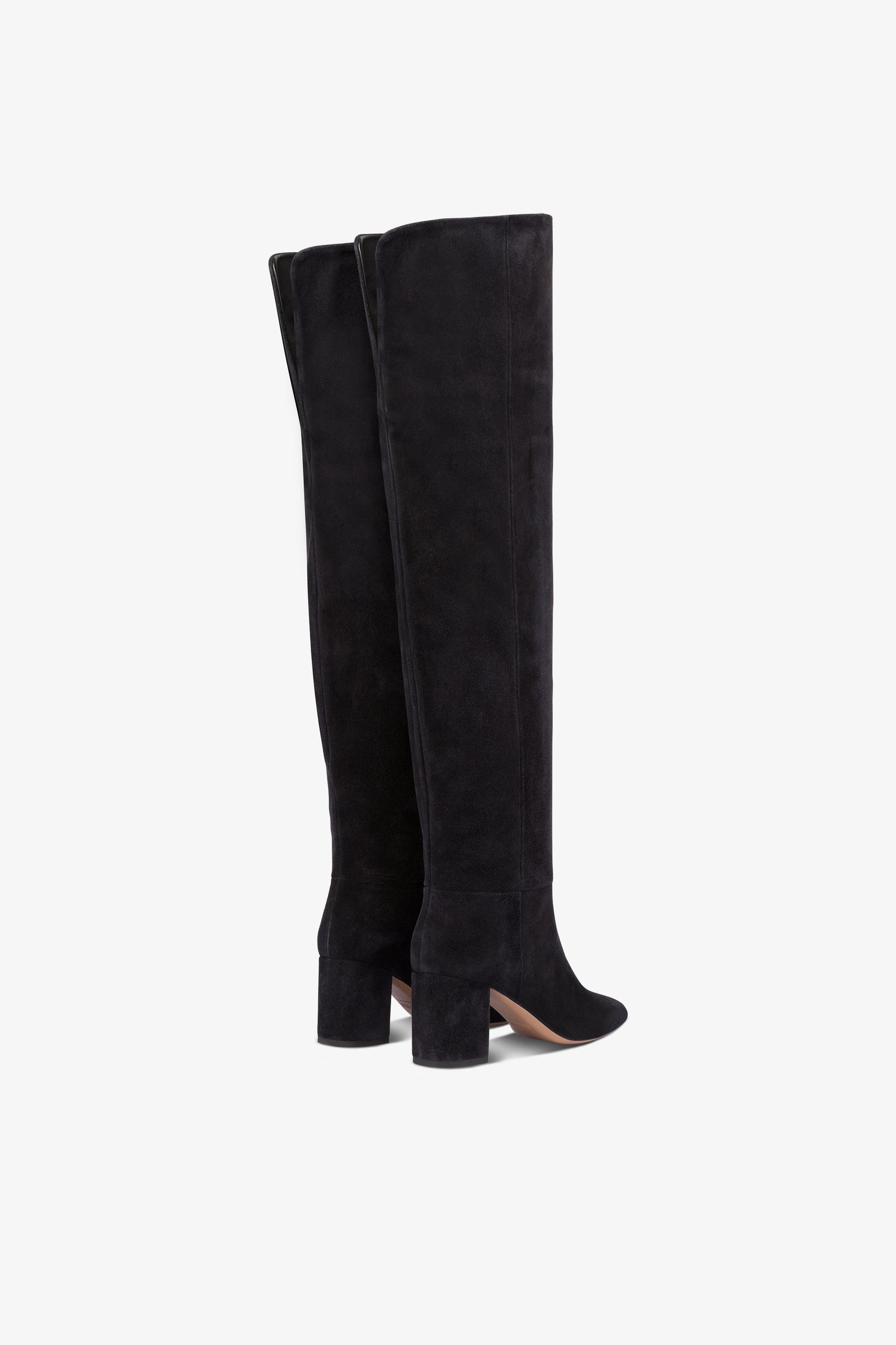 Over-the-knee, long, pointed boots in off-black suede leather