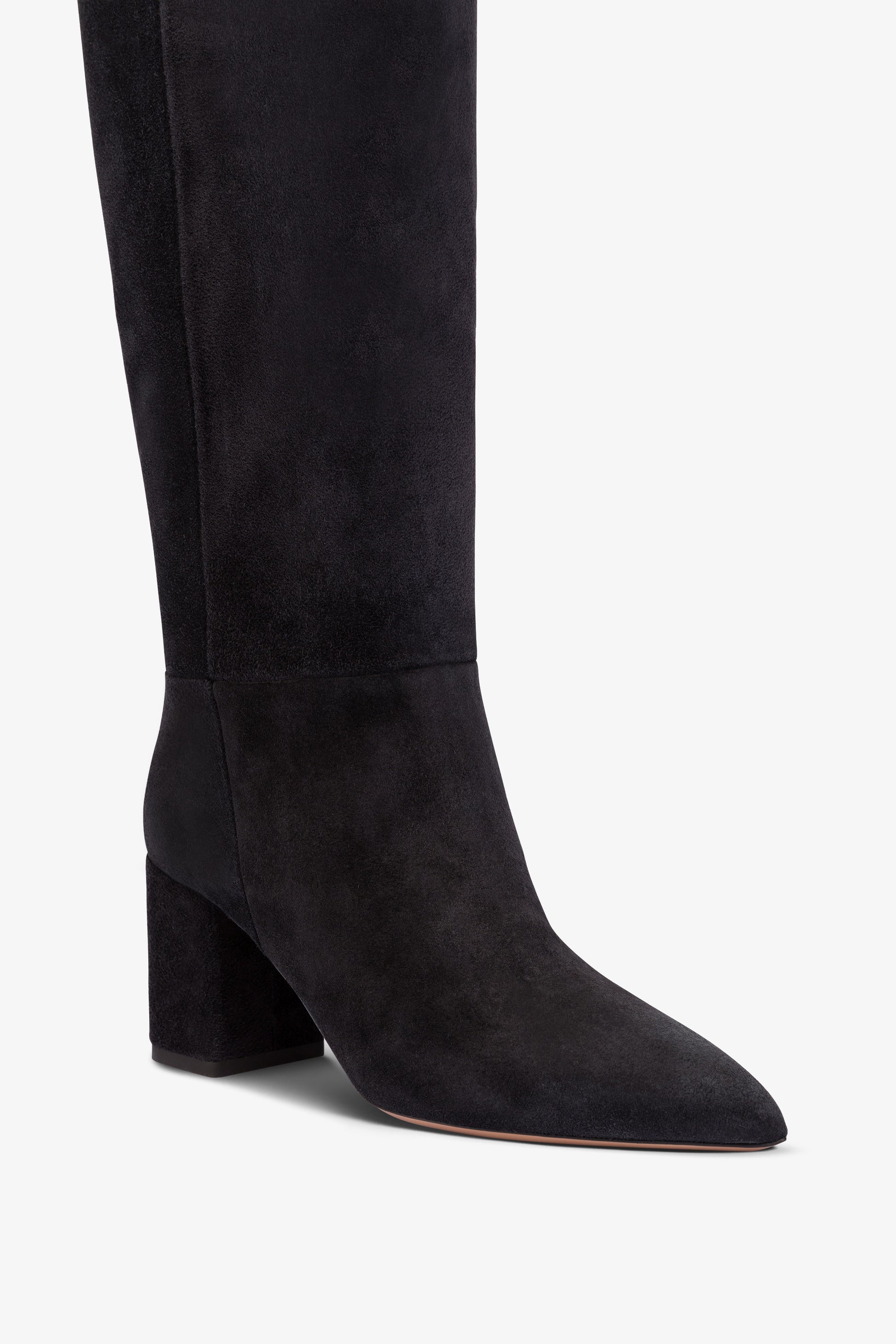 Over-the-knee, long, pointed boots in off-black suede leather