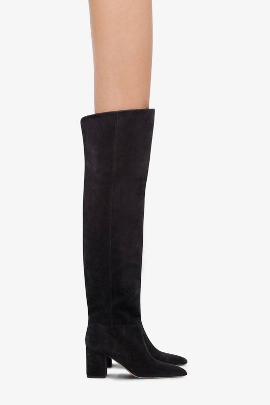 Over-the-knee, long, pointed boots in off-black suede leather - Product worn