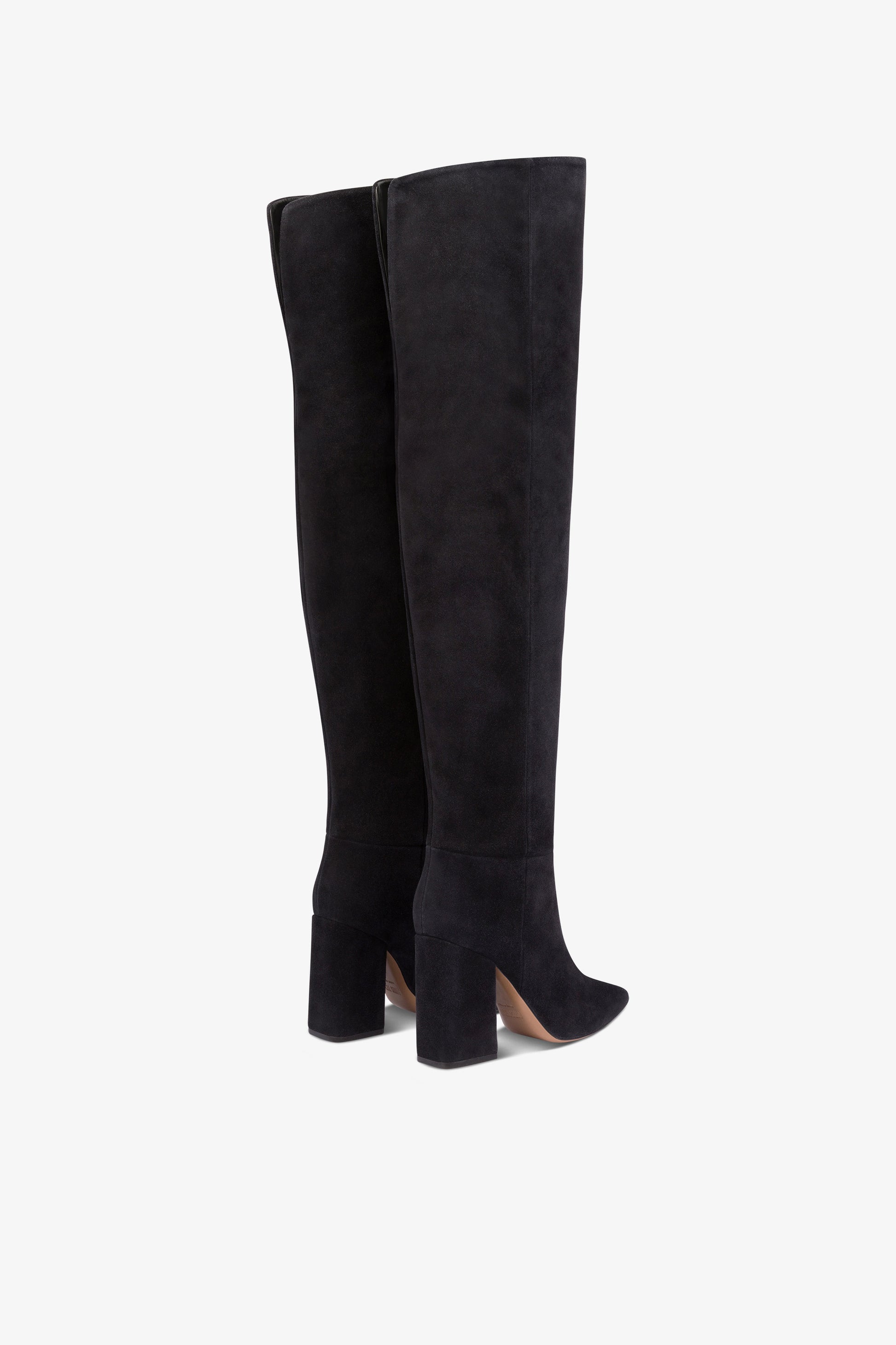 Over-the-knee, long pointed boots in soft off-black suede leather