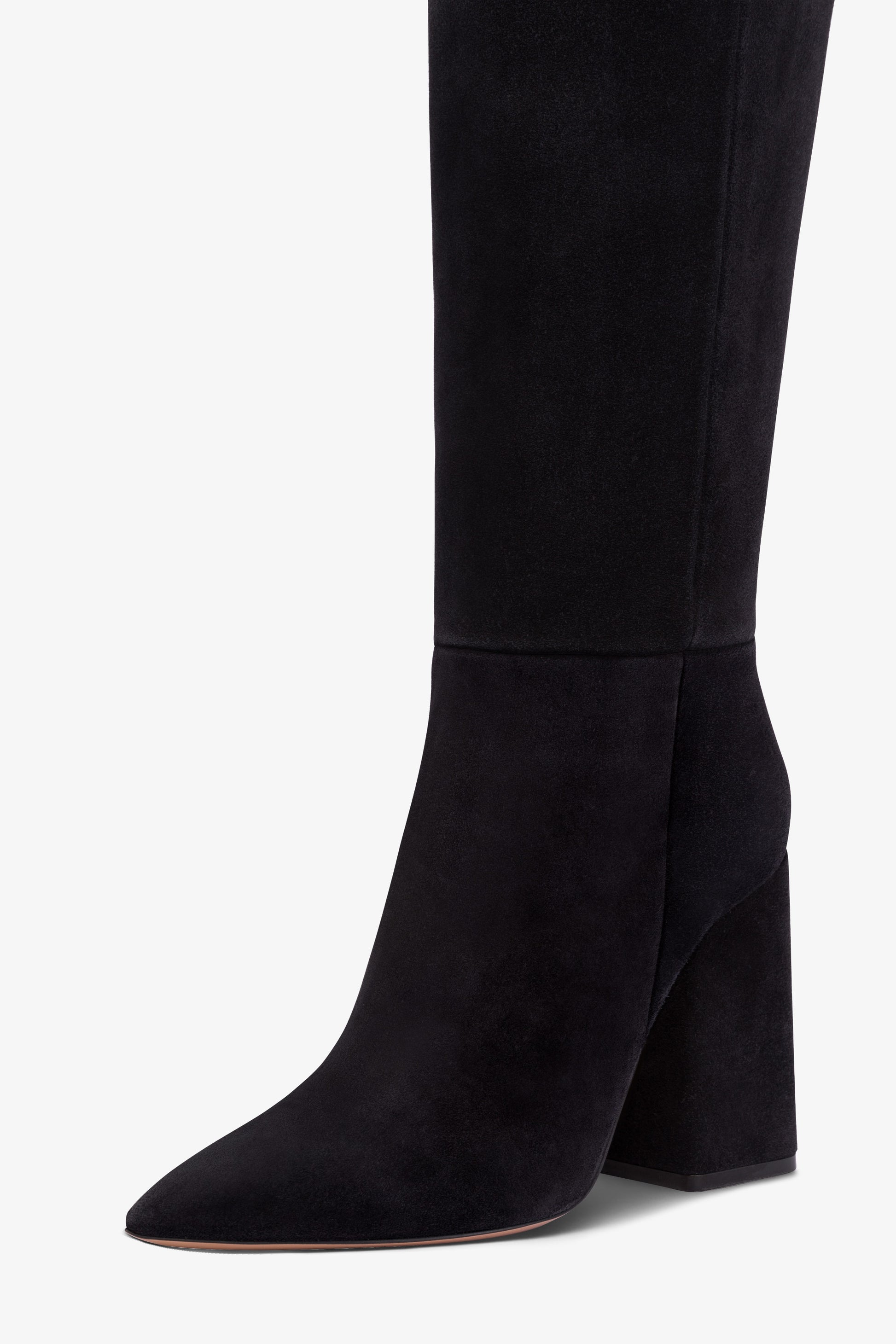 Over-the-knee, long pointed boots in soft off-black suede leather
