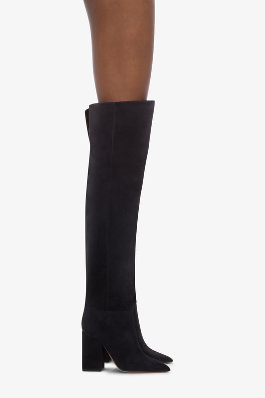 Over-the-knee, long pointed boots in soft off-black suede leather - Product worn