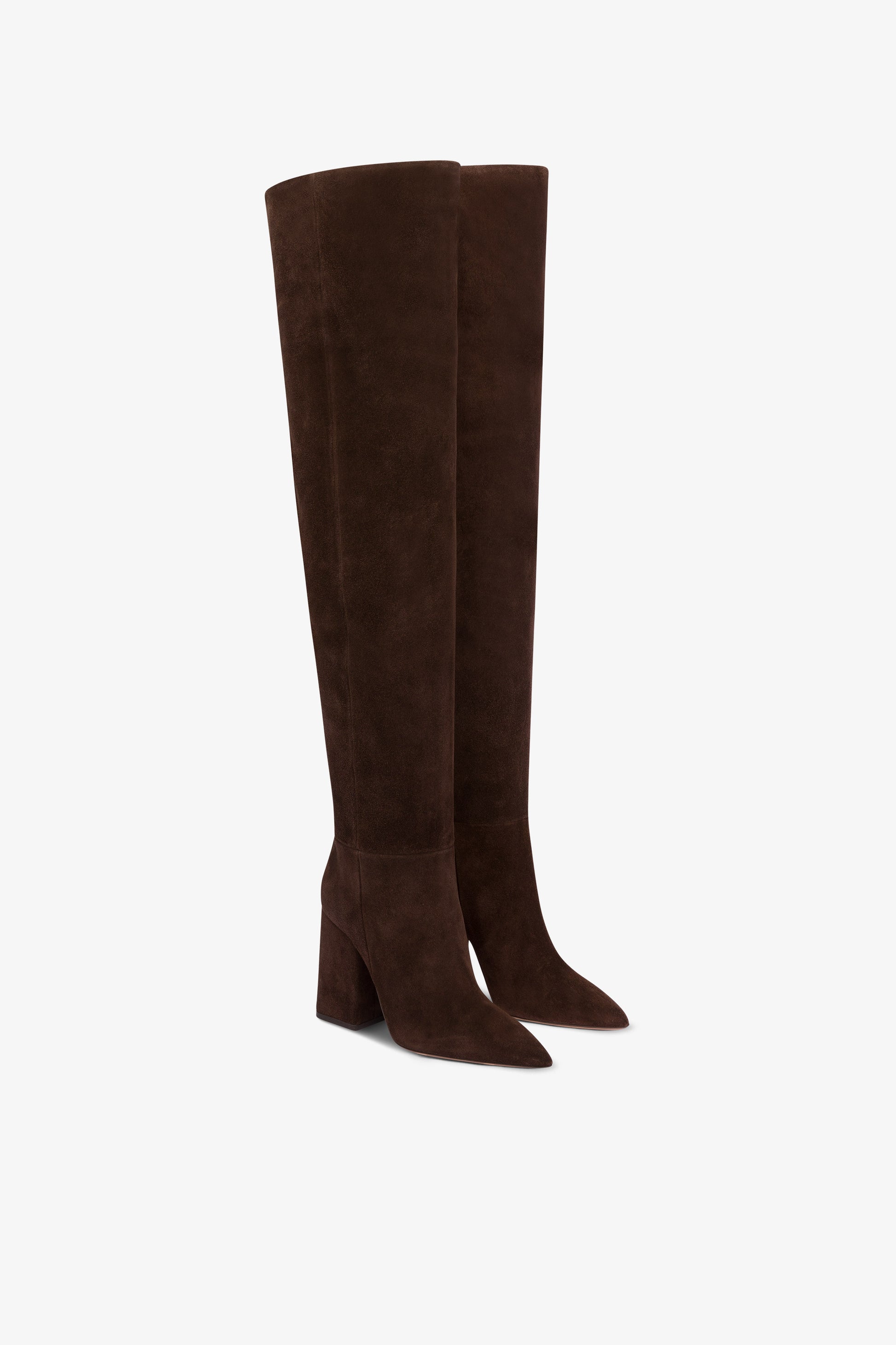 Over-the-knee, long pointed boots in soft pepper suede leather