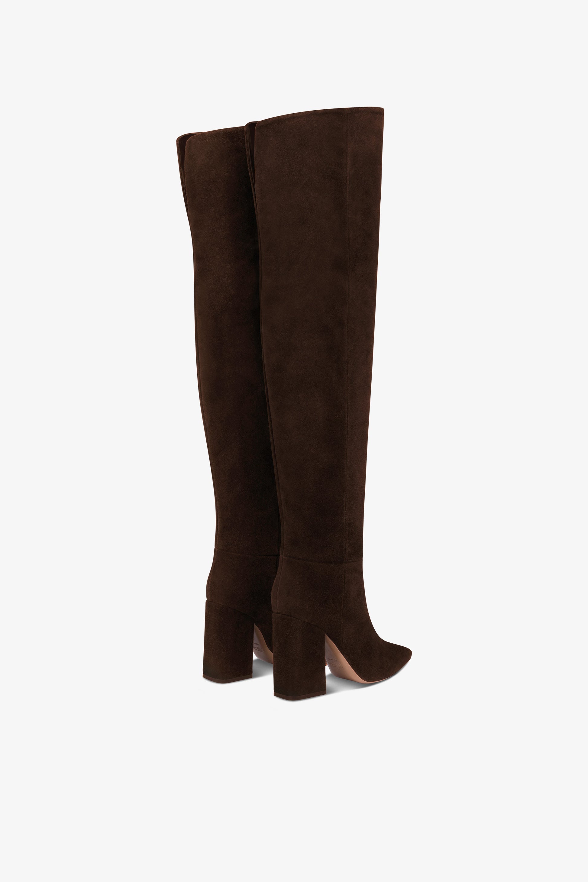 Over-the-knee, long pointed boots in soft pepper suede leather