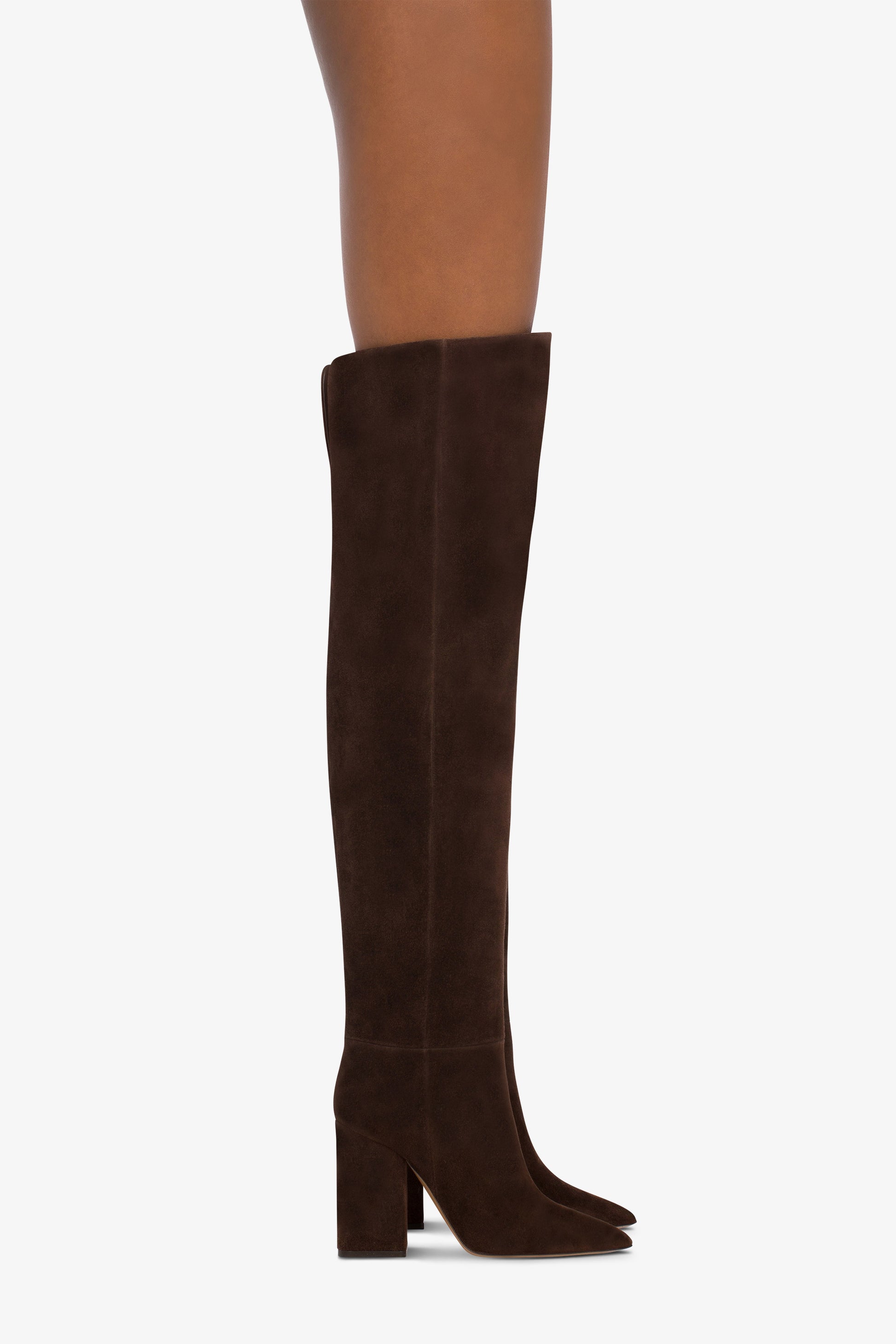 Over-the-knee, long pointed boots in soft pepper suede leather - Produit porté